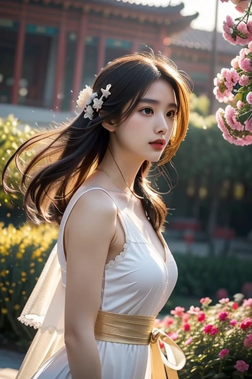 1 Girl, Solo,full body, Hanfu,Ancient_Chinese_architecture, running in Flower garden, Flowers,  (Realistic:1.4), Super High Quality, Masterpiece, Perfect Illustration, Extreme Details (Delicate Light and Shadow, Highly Dramatic Picture,)Zhong Hua,  Zen Entanglement, Mandala, Tangled, Official Art, Unity 8k wallpaper, super detailed, beautiful and beautiful, masterpiece, best quality, (Dynamic angle: 1.4), glowing skin, (Floating colorful flashes: 1) The most beautiful chaotic forms, elegant, brutalist design, bright colors, romantic depth of field