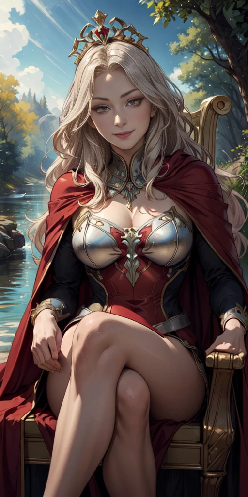 (masterpiece, best quality) 1girlsolo (the empress:1.15) platinum blonde, long hair (red cape) curtain, armored dress, queen dress, aurora (sunshine, sky, river, forest) expressionless, red eyes, very long hair (art nouveau:1.2) alphonse mucha, tiara (face focus, upper body) sit (red throne:1.12) crossing legs, highly intricate details, realistic light, smile