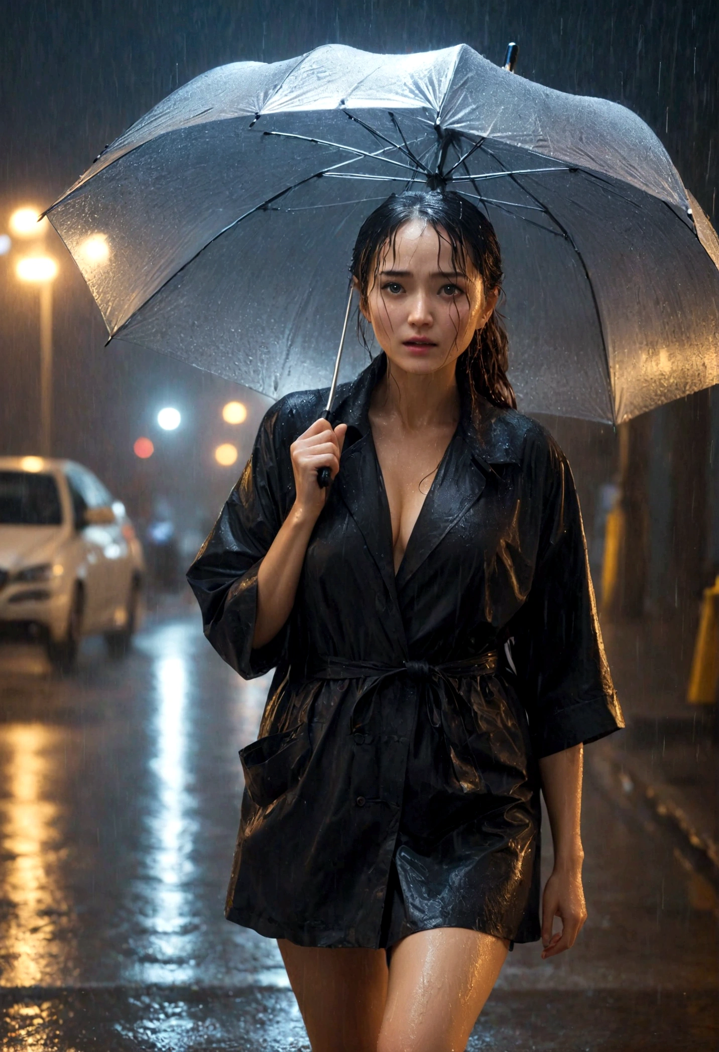 A beautiful woman gets completely soaked in a sudden downpour at night、I don't have an umbrella、Detailed facial expressions、Wet thighs、Full Body Portrait