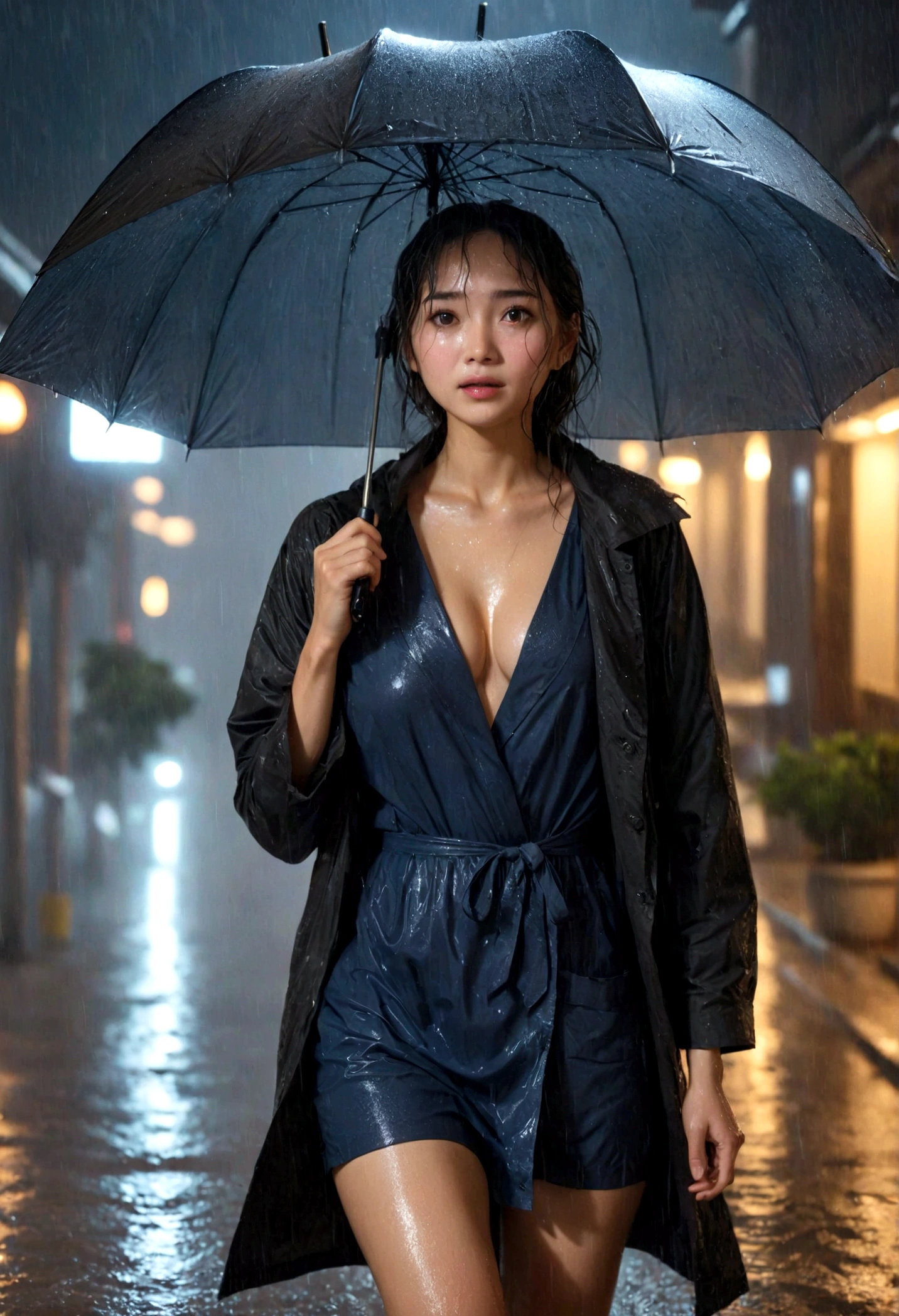 Wet roads ,drenched, Dripping, Wet Face,Wet clothes, Wet Skin, Wet Hair,A young woman with a cute face like a Japanese idol,Smile a little,(Cleavage),((Cinema lighting),(Natural light),(High level of artistry),(Artistic),(Quality indistinguishable from real life),RAW Photos,Genuine,Genuine,High resolution,RAW Photos,masterpiece, beautiful