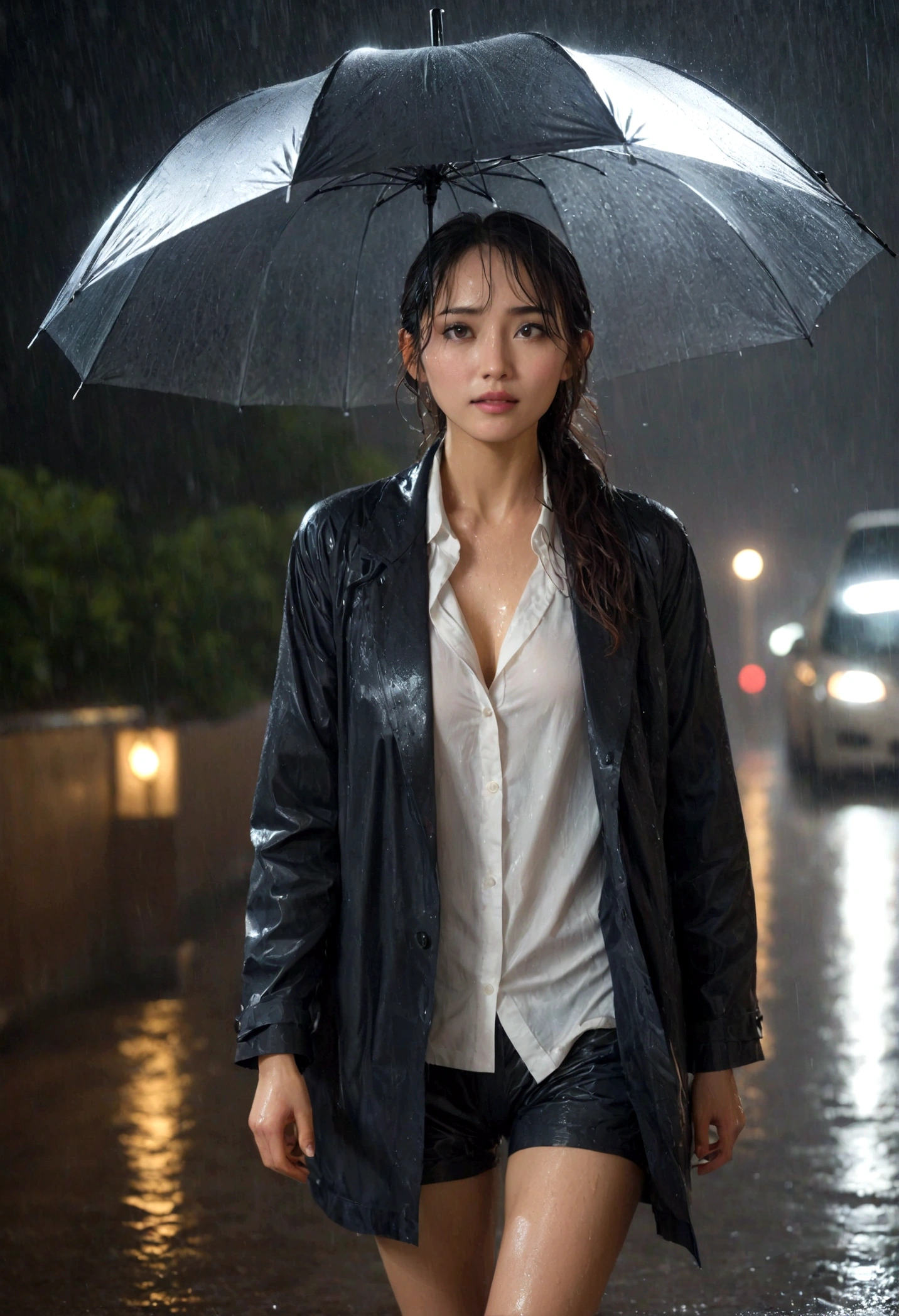 A beautiful woman gets completely soaked in a sudden downpour at night、I don't have an umbrella、Detailed facial expressions、Wet thighs、Full Body Portrait