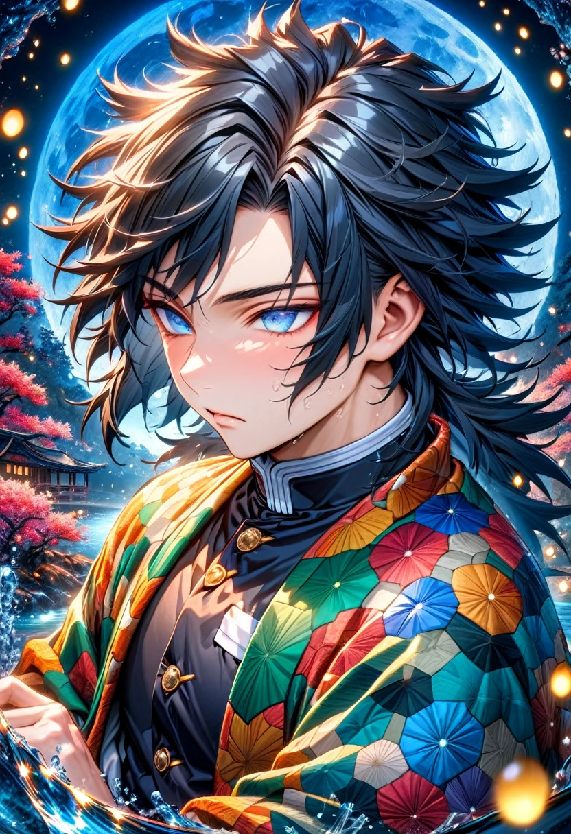 absurdres, highres, ultra detailed, HDR, master piece, best quality, Tomioka Giyu, untamed black hair, expressive blue eyes, kimetsu no yaiba, solo, sexy man, handsome, haori, demon slayer uniform, magical, fantasy, water, blue moon, starry, blue fireflies, blue flowers