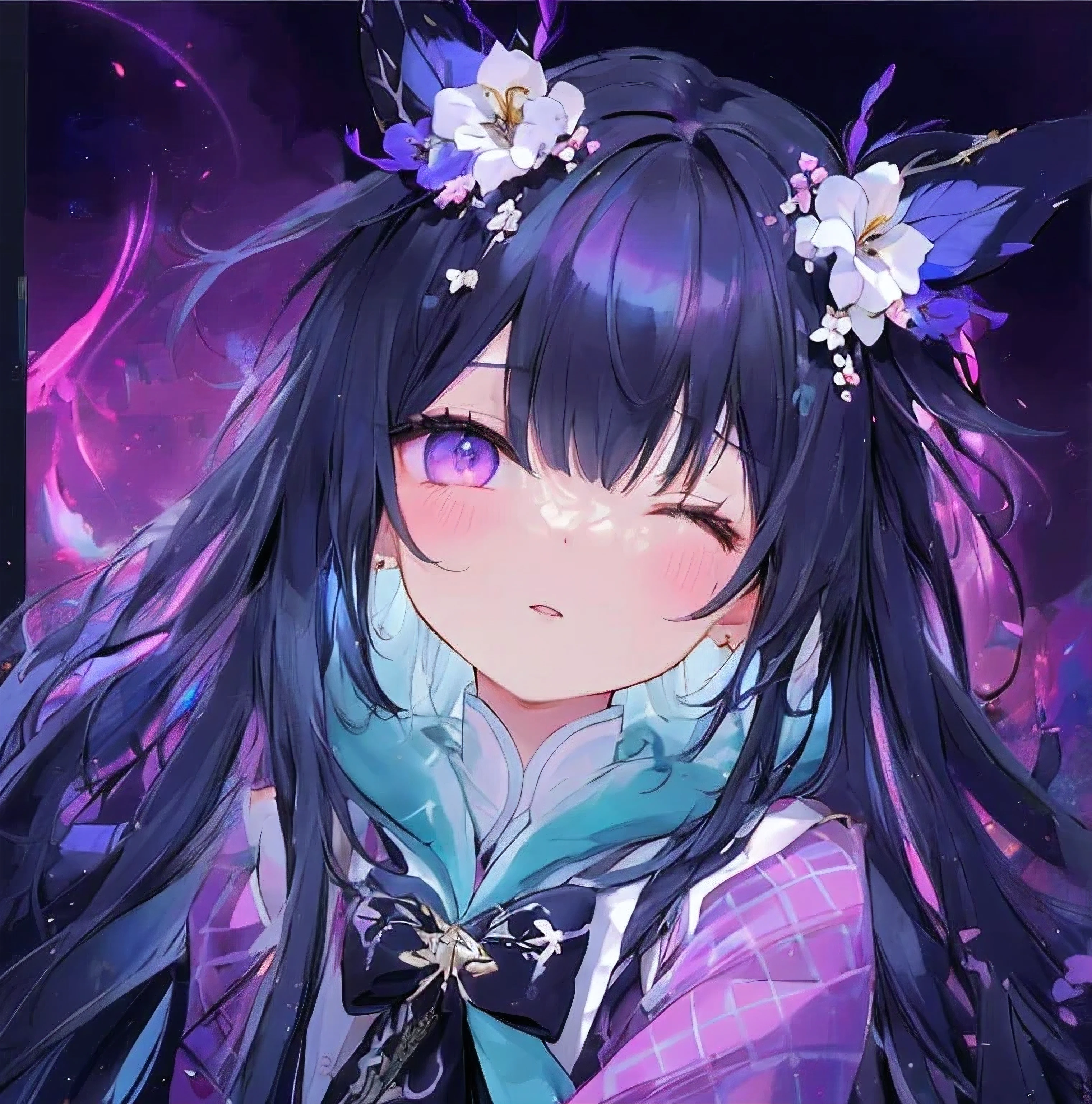 most(Best quality,8k,masterpiece:1.2)(Granular shiny eyes,Bright shining eyes,intricate irises,Delicate lashes,Detailed eyeliner strokes:1.1)。Half purple,Half black,blue。Pink Eyes。(charming,Shy,astringent:1.2)。Clear eyes,Ultra Detailed,Watercolor style,fairy tale theme,color palettes。Have beautiful delicate eyes and a sweet smile,It creates a warm and inviting atmosphere。Emphasize astringent。Add a touch of sexiness to the scene。have(muted pastels)。fairy tale,Light,Fighting Spirit Awakening Series Skin Color。Yandere,Q version avatar,Open one eye and close one eye。(DetAiled left eye closed,The delicate iris of the right eye:1.2),Fierce eyes。(Masculine,astringent,Long hair: 1.3)