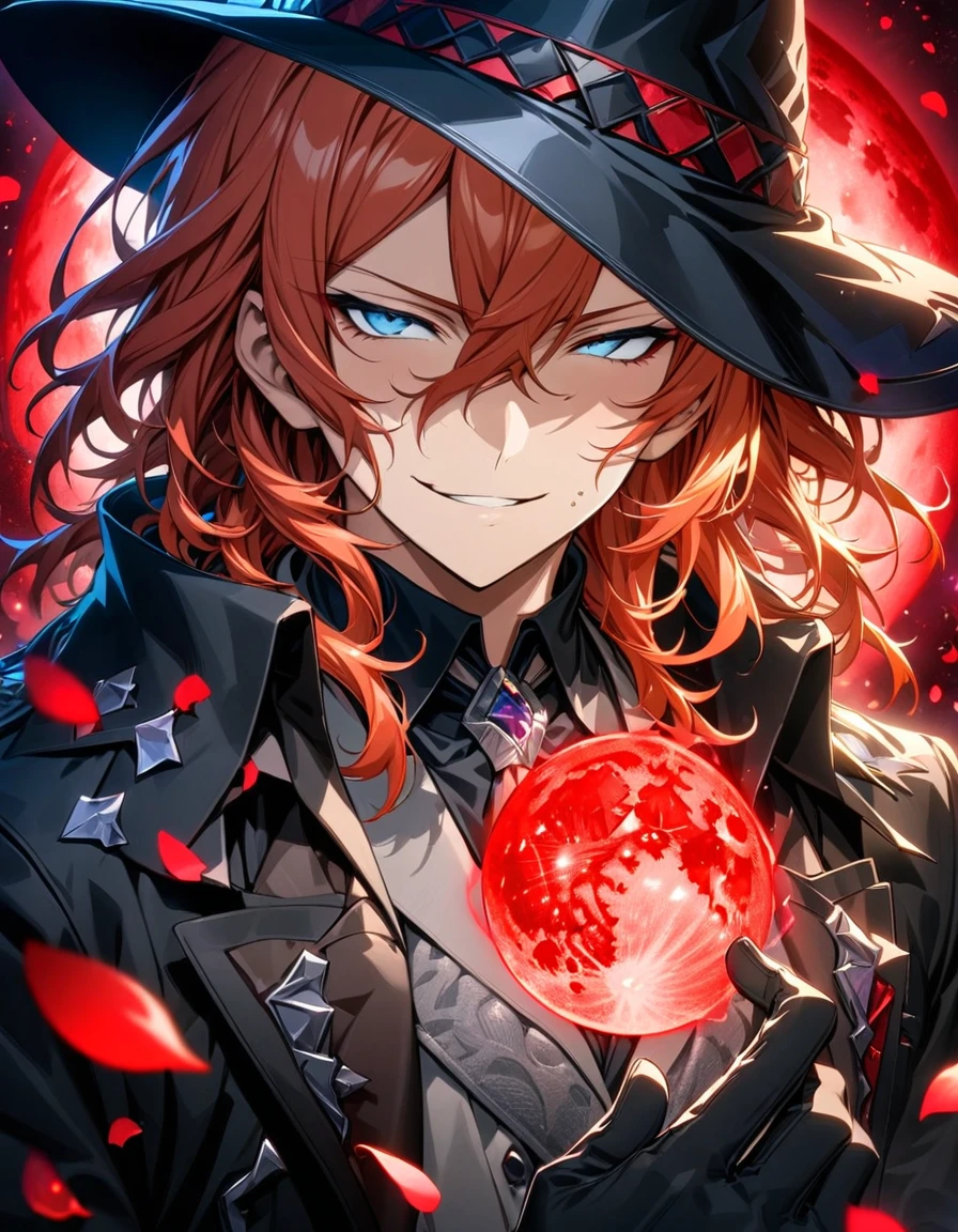 Ultra detailed, highres, absurdres, HDR, master piece, Nakahara Chuuya, orange hair, expressive blue eyes, Bungou Stray Dogs, fantasy, petals, red flowers, handsome, sexy man, solo, magic, shining red fireflies, red moon, best quality, extremely detailed face and eyes, red lightning, black coat, grey vest, black gloves, black hat, smirking
