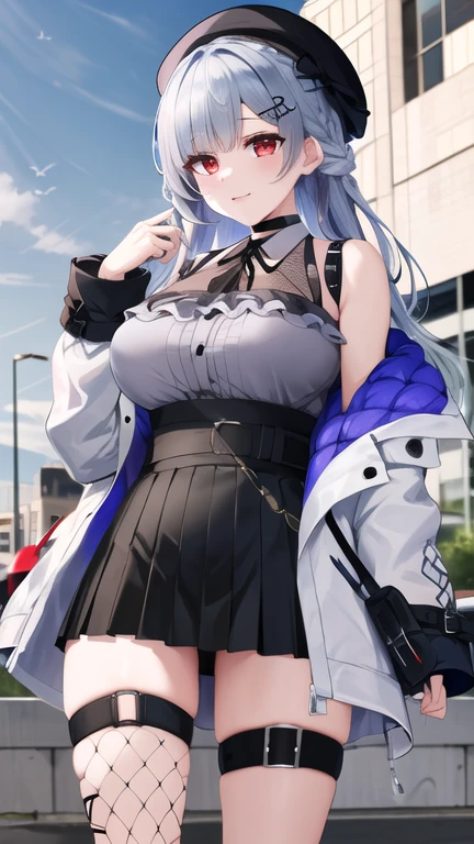masterpiece, best quality, highres, hmhy1, hat, beret, braid, hairclip, large breasts, black choker, grey shirt, sleeveless shirt, white jacket, open jacket, long sleeves, black skirt, fishnets, thigh strap, single thighhigh, standing, cowboy shot, outdoors