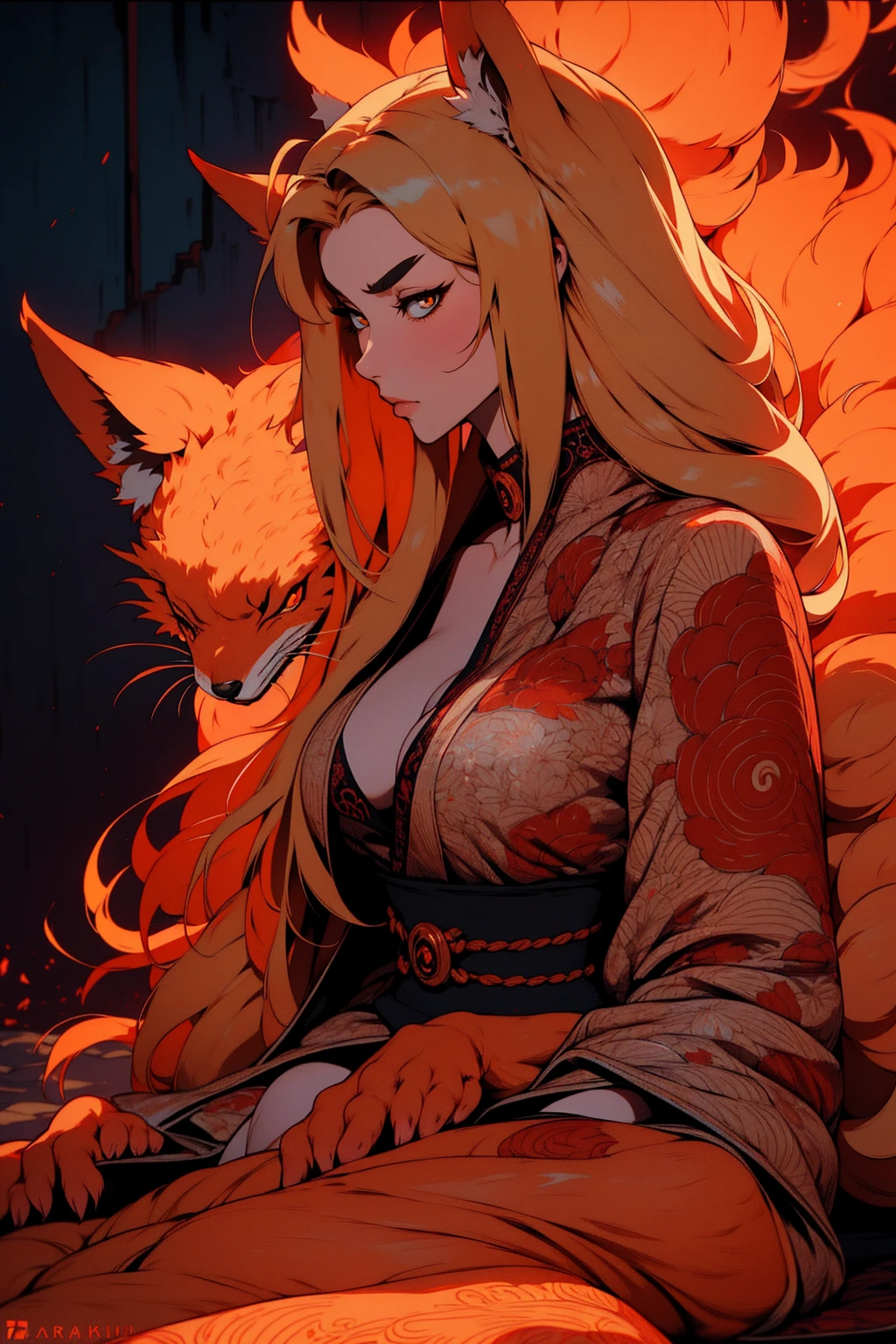 REALISTIC VISION 1.4, BETTER VAE,sharp focus, ultra detail, 32k,realistic photo, intricate details, kitsune, blond hair, (blond hair), orange eyes, intricate details ,woman, nine tails, intricate details,intricate details,big , Voluptuous body, intricate details, Miko, clothes long white dress with red details intricate details, tattoos intricate details, full body, with a orange nine tails fox , kiuubi (kurama, naruto), angry face, walking on the ground, backwards, orange aura