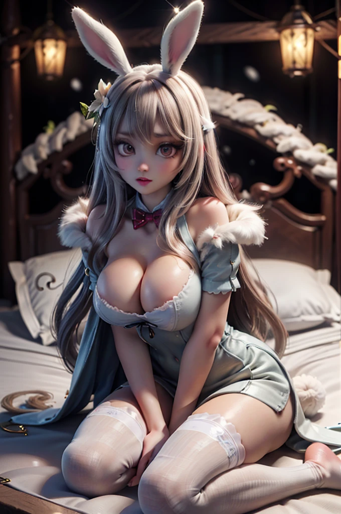 1girl, long hair and bunny ears sitting on a bed, angelawhite, white stockings, ultrarealistic sweet bunny girl, very very kawaii, japanese goddess, the bunny has fur, smooth skin, with bunny ears, sitting on snow, perfect white haired girl, she is on snow,outside