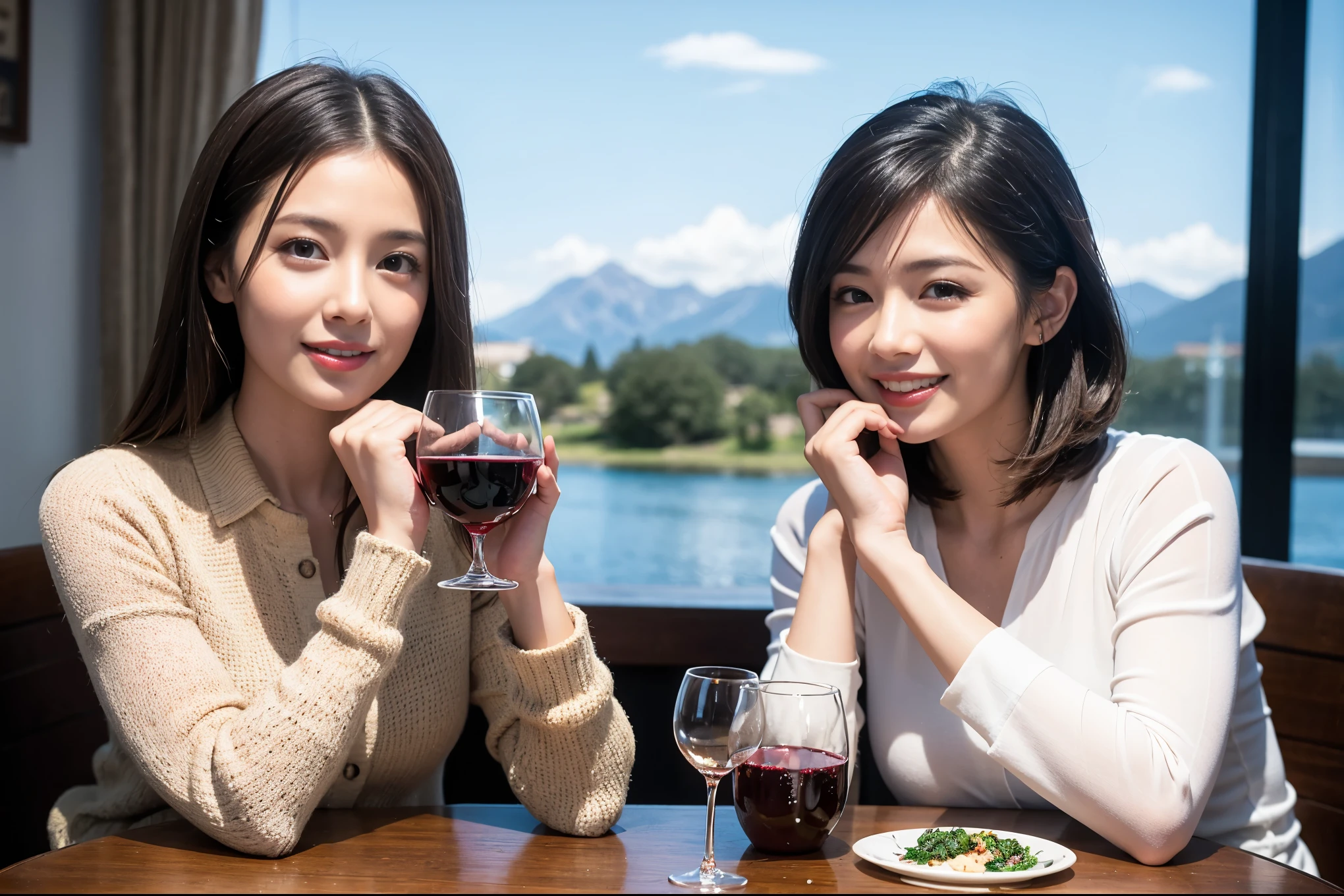 ((highest quality、8k、masterpiece:1.3))、Satomi Ishihara lookalike beauty、1 male、1 female、Couple、Spouse、half、The body is slim、((Bob Hale、Straight hair:1.2)), (Realistic, Intricate details:1.2), Wine glass on the table、Shine light on your face、 Amazing view of the sunset sky and clouds、Amazing mountain views、A bright smile、The wonderfulness of smile、Bright image、The beauty of wine, Beautiful Face, blue eyes, The light shines on your face, Blushing, short hair,Bright Face、 (Age 37), 39 years old, red wine 、Appetizers、Italian food、Wine bottle、Champagne、sparkling wine、Two beauties、Brown Hair、Shortcuts、Long sleeve shirt、dress、Pretty Woman 1, (Slim face), (The body is slim), (Brown Hair), (Shortcuts), cheeks turn a little red,Attractive beauty、restaurant, In a prominent place (From the waist up) Nova Frog Style, actress, model, Upper Body, White wine, slim, wine glass, A wine glass placed in the center, smile, (smile: 1.15), Beautiful fine grain, Depth f/2,saturation, High Contrast, Strong light and shadow,Moist Body:1.5、3D texture、Delicate eyes、Brown Hair、The hair is very shiny、