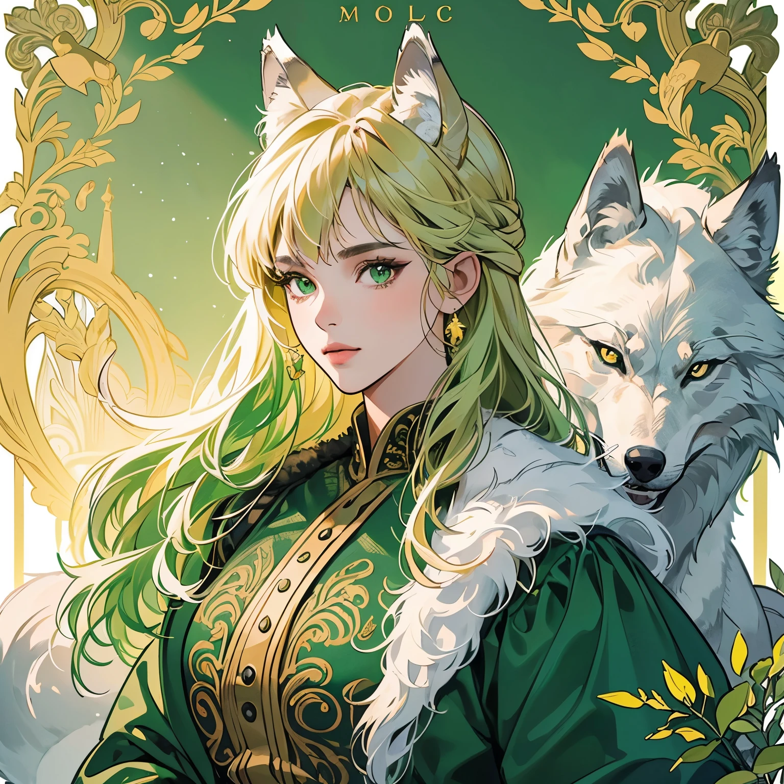Best quality, 1 wolf, logo, background white only, emblem, 14k, intricate and detailed, frame, green, (((1 woman and wolf))), detailed fur, sparkling eyes, corporate logo, golden, panoramic, long shot, front, green flowers, Upper body, looking at viewer