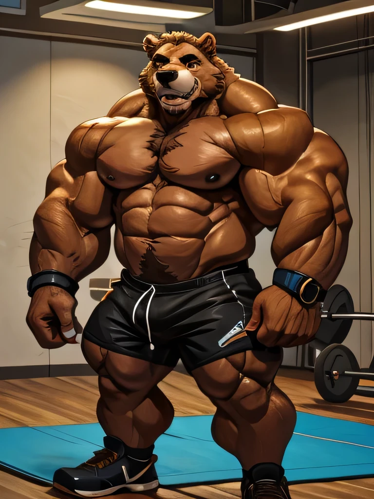 solo, 2boys, masterpiece, 8k, Hight detailed, a man standing in gym, clean face, smile, scar on body, scar on hairy ?????, Shorts and ???????, huge and muscular, grizzly bear, fury, brown fur hair, add eyes and add details to make it attractive and interesting. (wearing black shorts, wristbands and shirtless:1.3, ???????, shoes) flexing his pectorals ((extremely muscle size, super thick arms, huge back, thick brown fur, extremely wide back and shoulder , huge arms)). Add textures and details to make the image more realistic, such as the appearance of the body built muscles texture and the appearance of the brown fur. Make sure the resulting image is high resolution, 8K quality.", simple background, masterpiece, high detailed, 8k, high resolution
