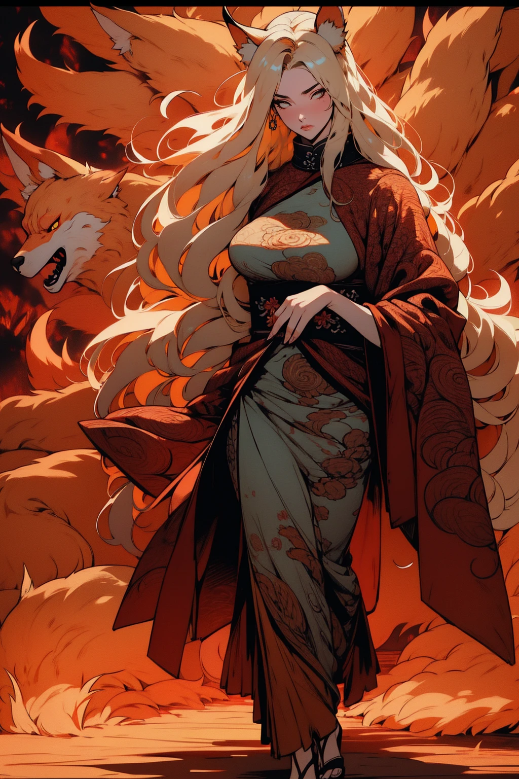 REALISTIC VISION 1.4, BETTER VAE,sharp focus, ultra detail, 32k,realistic photo, intricate details, kitsune, blond hair, (blond hair), orange eyes, intricate details ,woman, nine tails, intricate details,intricate details,big , Voluptuous body, intricate details, Miko, clothes long white dress with red details intricate details, tattoos intricate details, full body, with a orange nine tails fox , kiuubi (kurama, naruto), angry face, walking on the ground, on attack, backwards