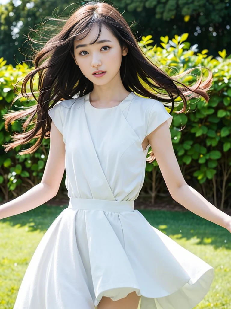 (masterpiece, highest quality:1.4), Award-winning portraits, 8k, 85mm, alone, Beautiful Face, Delicate girl, (Cheerleader、On the grass), Sophisticated, cute, , RAW Photos, Confused, High resolution, Sharp focus, Background Blur、(((flat 、thin and delicate body、Childish atmosphere)))、Glossy short bob、Mole on the left cheek、 Dark blue eyes、the skirt is swaying in the wind、Hair swaying in the wind、sexy、flexible legs、naked、Angle shot from below