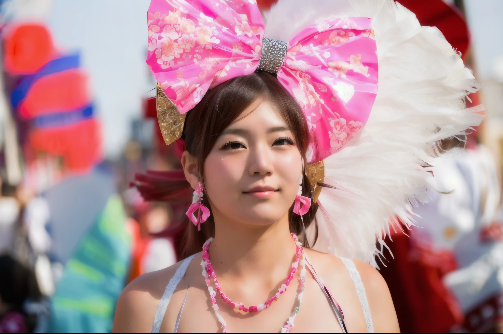 A woman wearing a pink and white headdress with a large ribbon, Portrait of a Japanese gal, Wearing a pink hair ribbon, harajuku fashion, Harajuku Street Fashion, wearing a pink head band, Japanese women, Japanese facial features, Asian woman made of origami, Portrait of a Radical Lolita Girl, harajuku hair, Costumes, tokyo fashion, Beautiful Japanese girl face