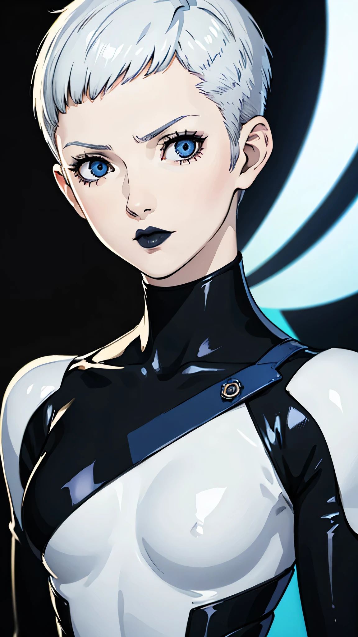 1 girl, blue eyes, very Short hair, black lipstick, portrait, serious, white hair, female , tomboy Pixie haircut, gantz latex suit, Pixie haircut, shaven head, white hair, white hair,