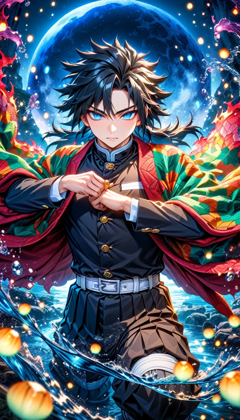 absurdres, highres, ultra detailed, HDR, master piece, best quality, Tomioka Giyu, untamed black hair, expressive blue eyes, kimetsu no yaiba, solo, sexy man, handsome, haori, demon slayer uniform, magical, fantasy, water, blue moon, starry, blue fireflies, blue flowers