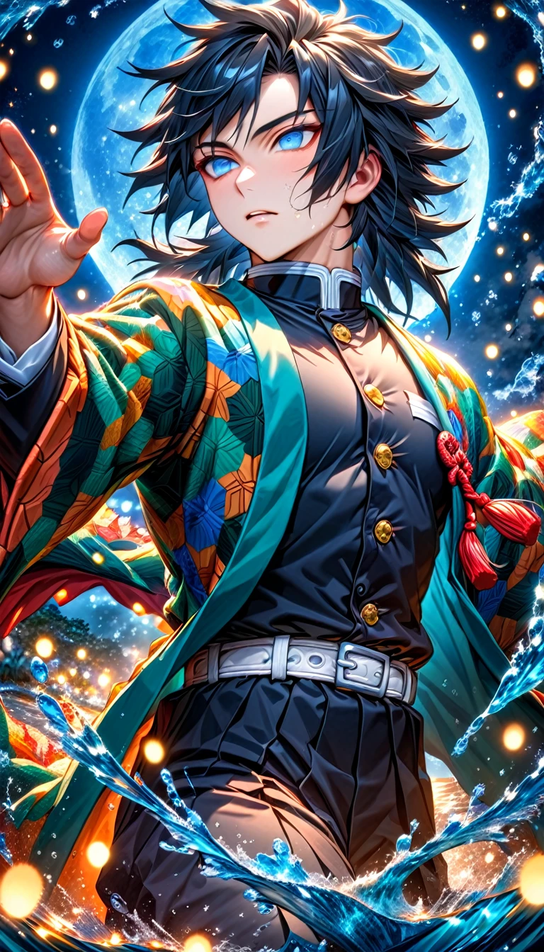 absurdres, highres, ultra detailed, HDR, master piece, best quality, Tomioka Giyu, untamed black hair, expressive blue eyes, kimetsu no yaiba, solo, sexy man, handsome, haori, demon slayer uniform, magical, fantasy, water, blue moon, starry, blue fireflies, blue flowers