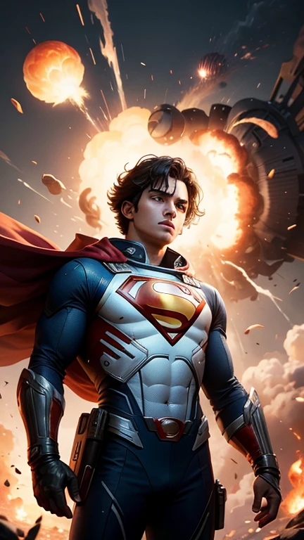 beautiful and aesthetic, tmasterpiece, filmposter, Best quality at best, A man wearing a retro astronaut suit、Drawing of teenage kid wearing Superman costume striking dramatic pose in front oF big cinematic explosion, vivd colour, Abstract, james jean style, Fantasy elements