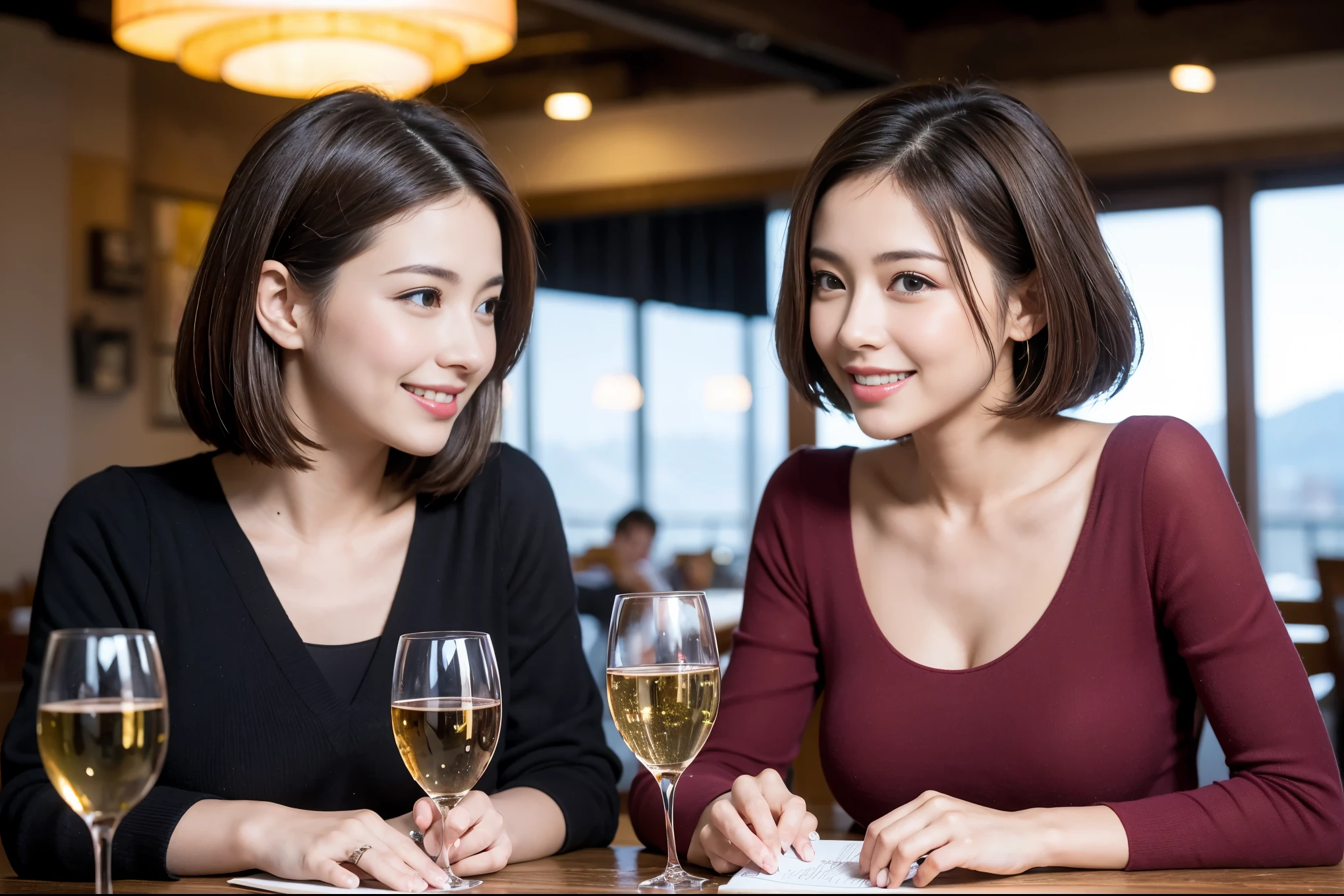 ((highest quality、8k、masterpiece:1.3))、Satomi Ishihara lookalike beauty、1 male、1 female、Couple、Spouse、half、The body is slim、((Bob Hale、Straight hair:1.2)), (Realistic, Intricate details:1.2), Wine glass on the table、Shine light on your face、 Amazing view of the sunset sky and clouds、Amazing mountain views、A bright smile、The wonderfulness of smile、Bright image、The beauty of wine, Beautiful Face, blue eyes, The light shines on your face, Blushing, short hair,Bright Face、 (Age 37), 39 years old, red wine 、Appetizers、Italian food、Wine bottle、Champagne、sparkling wine、Two beauties、Brown Hair、Shortcuts、Long sleeve shirt、dress、Pretty Woman 1, (Slim face), (The body is slim), (Brown Hair), (Shortcuts), cheeks turn a little red,Attractive beauty、restaurant, In a prominent place (From the waist up) Nova Frog Style, actress, model, Upper Body, White wine, slim, wine glass, A wine glass placed in the center, smile, (smile: 1.15), Beautiful fine grain, Depth f/2,saturation, High Contrast, Strong light and shadow,Moist Body:1.5、3D texture、Delicate eyes、Brown Hair、The hair is very shiny、