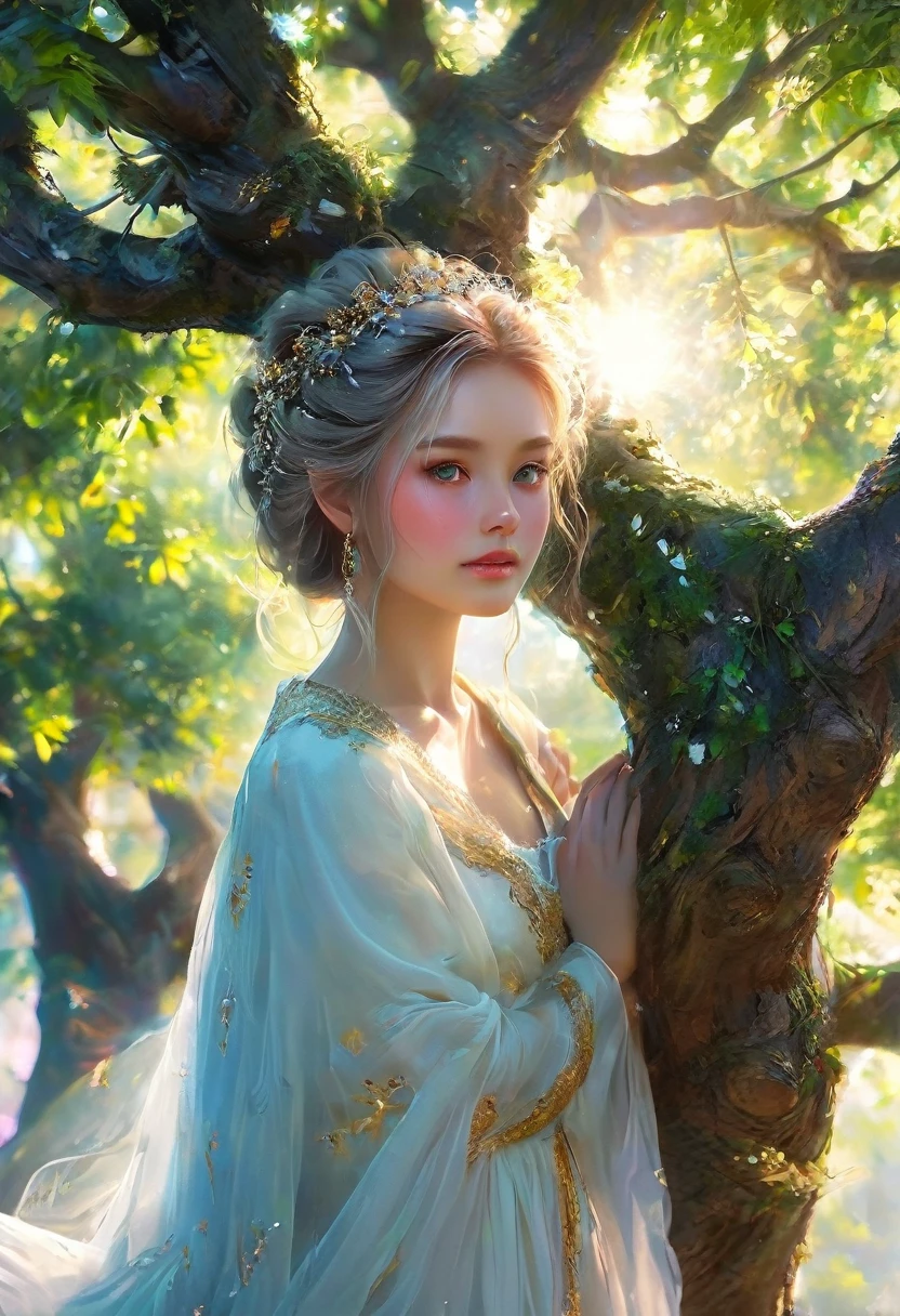 A beautiful women under a magical tree pering into your soul.