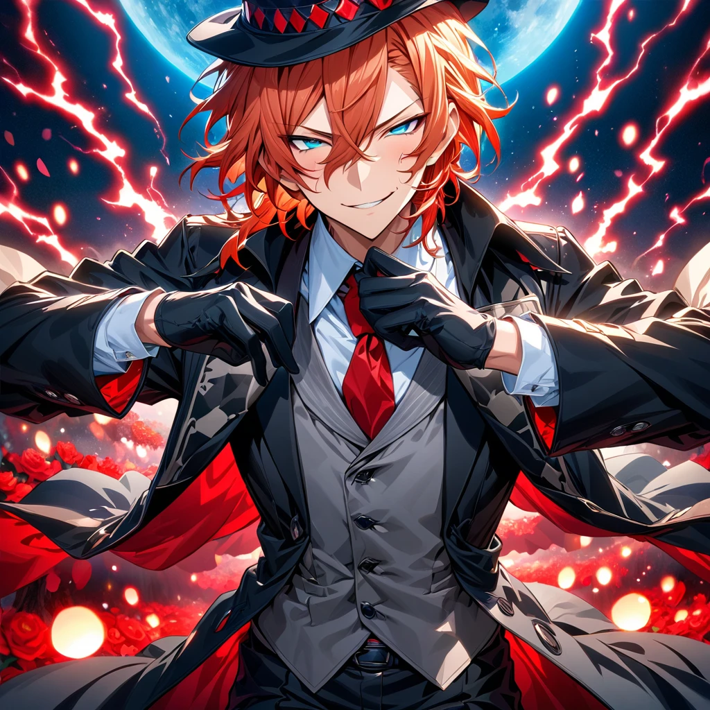 Ultra detailed, highres, absurdres, HDR, master piece, Nakahara Chuuya, orange hair, expressive blue eyes, Bungou Stray Dogs, fantasy, petals, red flowers, handsome, sexy man, solo, magic, shining red fireflies, red moon, best quality, extremely detailed face and eyes, red lightning, black coat, grey vest, black gloves, black hat, smirking