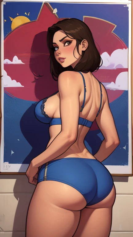 A female Jenifer Connelly illustrated movie poster, hand drawn, cor cheia, uma adolescente , vestindo um bralette de renda e shorts floridos, tez bronzeada, sardas, Amazonian body, muito alto, Athletic, figura de ampulheta, curved, fundo pesado, quadris generosos, bunda enorme, pernas longas, coxas poderosas ridiculamente grossas, olhos castanhos claros, orelhas de elfo longas e pontudas, cabelo escuro, ondas longas e soltas, posing with her butt facing the camera, nevoeiro matinal, pele molhada e brilhante, sombras duras, sombreamento de grafite, stencil marks, retouched acrylic ink, Obra de arte, no estilo de Skyrim