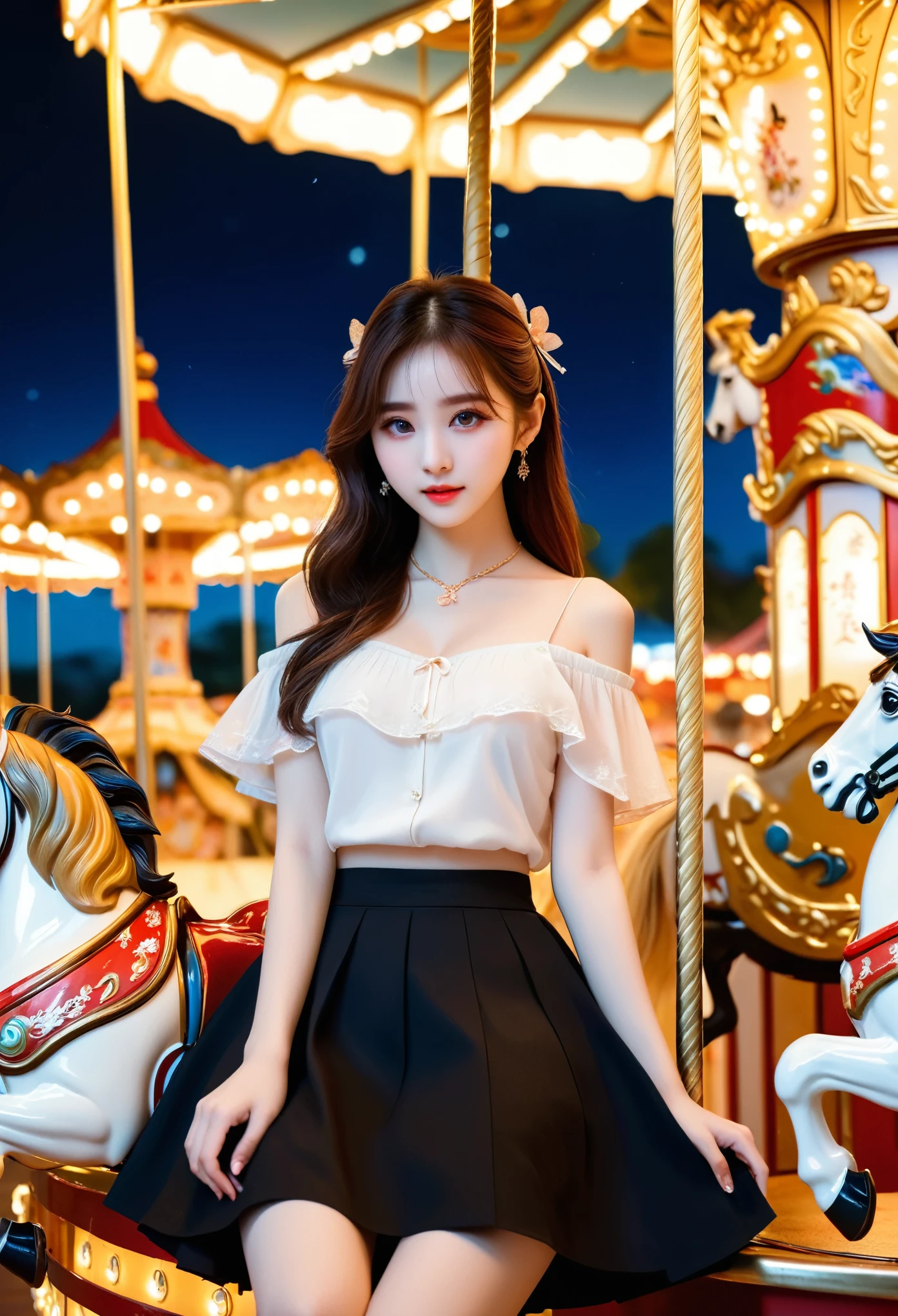 (8K, RAW photos, best quality, masterpiece:1.2), (Practical, photo-Practical:1.37) , 1 Girl, (Carousel, night), miaoxiaoji(secret_Tea), Delicate face, delicate eyes, Black skirt