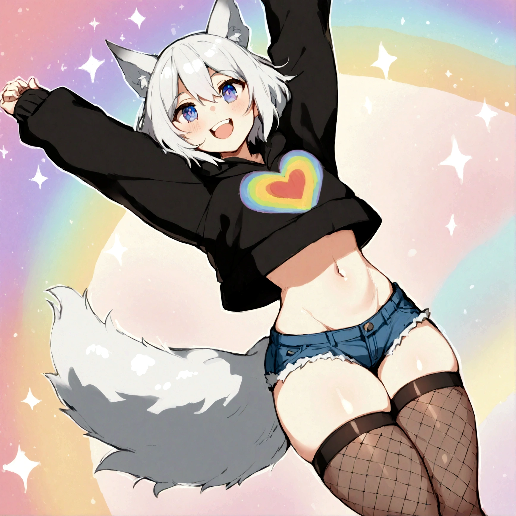 a cute adult male with wolf ears, white hair, has a wolf tail, wearing a loose cropped oversized black hoodie, wearing a pair of denim short shorts and thigh high fishnet stockings, thick thighs, wide hips, relaxing on mound of fluffy multi colored kawaii plushies, short, very slim, showing slender tummy, stretching out, heart on hoodie, squishy thighs, has glowing blue eyes. alone, solo (ALONE)(SOLO), surrounded by rainbows, colorful galaxy backround, mouth wide open grin, very happy, excited, nice butt