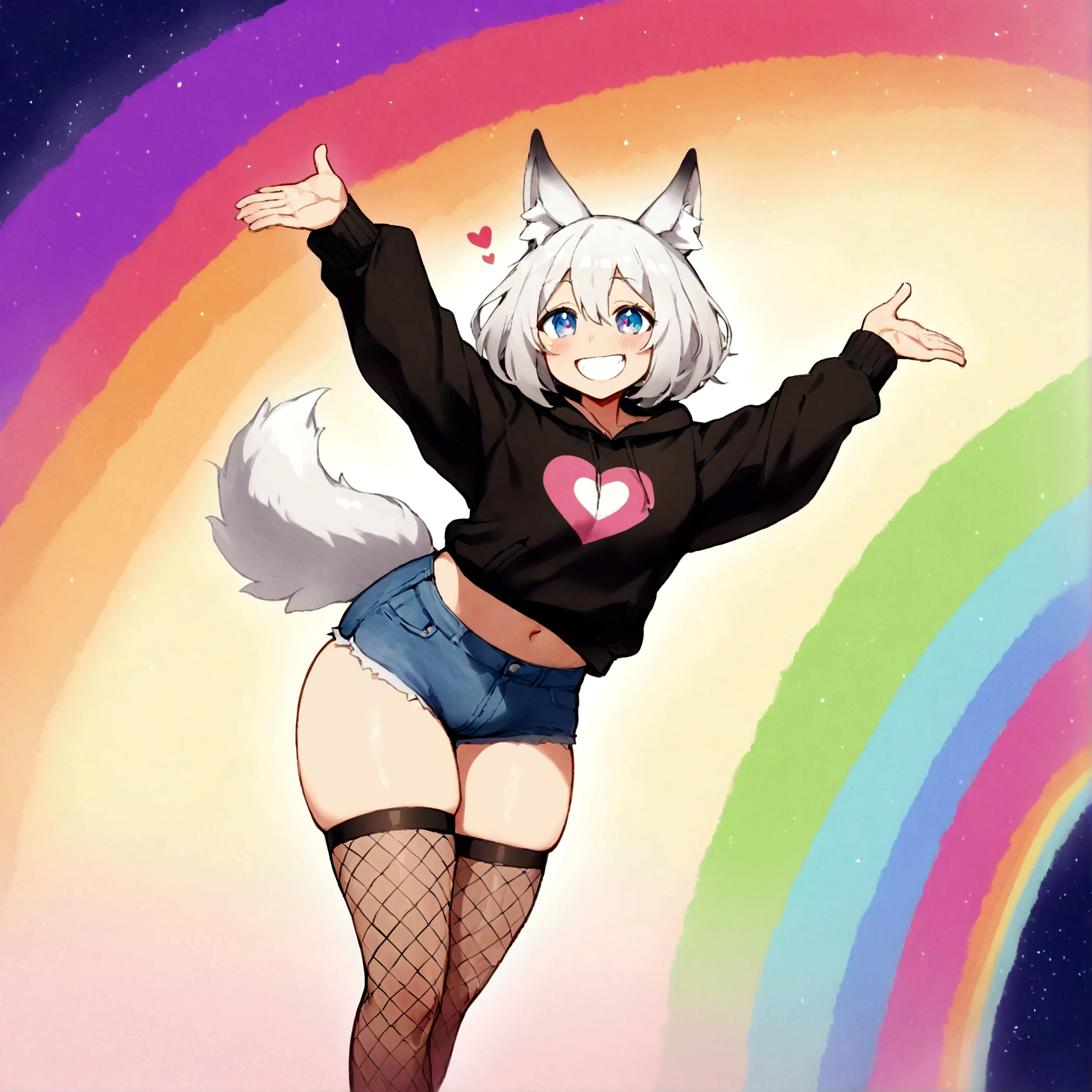 a cute adult male with wolf ears, white hair, has a wolf tail, wearing a loose cropped oversized black hoodie, wearing a pair of denim short shorts and thigh high fishnet stockings, thick thighs, wide hips, relaxing on mound of fluffy multi colored kawaii plushies, short, very slim, showing slender tummy, stretching out, heart on hoodie, squishy thighs, has glowing blue eyes. alone, solo (ALONE)(SOLO), surrounded by rainbows, colorful galaxy backround, mouth wide open grin, very happy, excited, nice butt