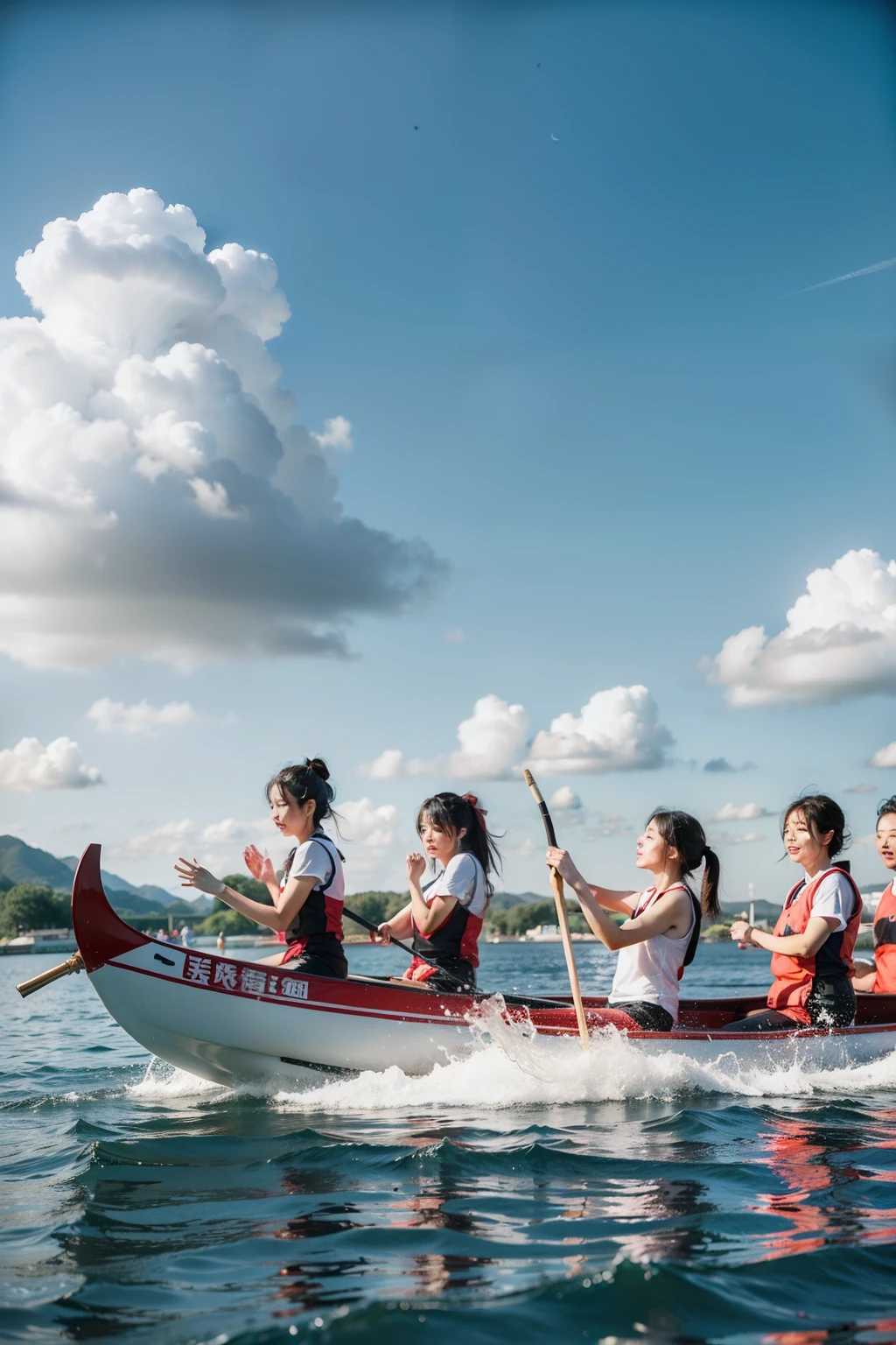 Dragon boat racing,work together,Clear sky and white clouds,Chinese folklore,HD,Effect,masterpiece
