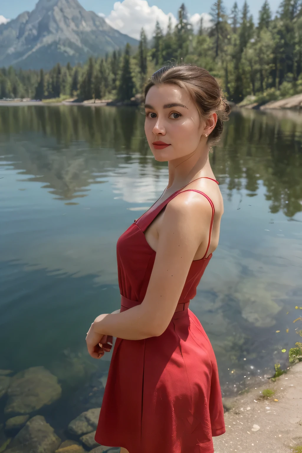 1 young woman, red tea party 1950s vintage audrey hepburn sleeveless spring dress for women, standing on flat surface of lake, pacific northwest landscape, crystal clear water reflection, sunlight shimmering, soft natural lighting, highly detailed, photorealistic, award winning digital art, 8k, (best quality, 4k, 8k, highres, masterpiece:1.2), ultra-detailed, (realistic, photorealistic, photo-realistic:1.37), HDR, UHD, studio lighting, ultra-fine painting, sharp focus, physically-based rendering, extreme detail description, professional, vivid colors, bokeh, hyperrealistic