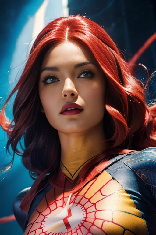 (Jean Grey), Xmen 97, a beautiful woman with long red hair, detailed face, piercing green eyes, wearing a blue and yellow costume, x-men 97 style, dynamic pose, muscular body, cosmic powers, dramatic lighting, cinematic composition, photorealistic, award winning digital art