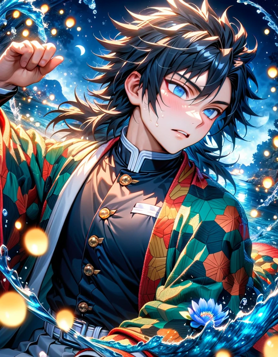 absurdres, highres, ultra detailed, HDR, master piece, best quality, Tomioka Giyu, untamed black hair, expressive blue eyes, kimetsu no yaiba, solo, sexy man, handsome, haori, demon slayer uniform, magical, fantasy, water, blue moon, starry, blue fireflies, blue flowers