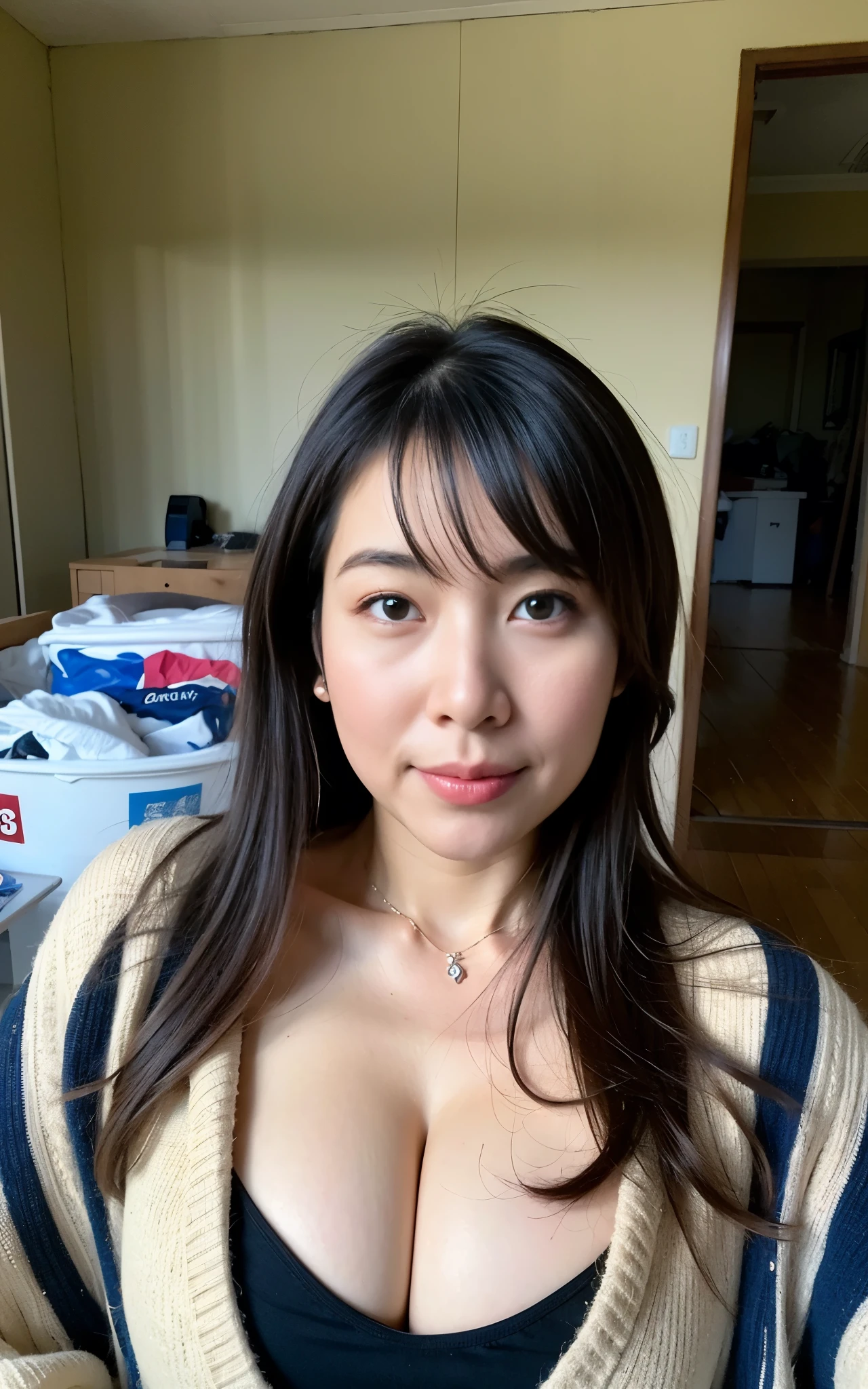 ((top-quality, 8K, Master masterpiece, Portrait:1.3)), Photorealsitic,1 Japan milf, 40years old, long hair, plump body, ((bra very, pantie, Saggy belly:0.5)), laundry background, messy room