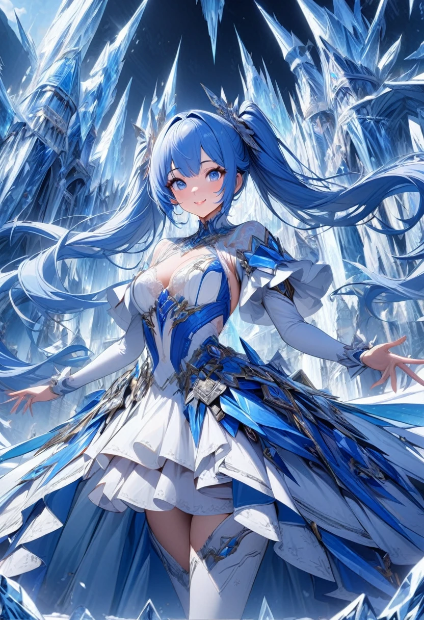 1 girl A picture of her standing in front of an ice castle wearing a fancy frilly dress made of mechs.The dress is mainly white and blue, with some decorations visible. Many mechanisms can be seen from the dress.Luxurious barrette with white and blue mecha,beautiful detailed eyes, beautiful detailed lips, extremely detailed face, long eyelashes, blue hair, twin tails, blue eyes,Beautiful smile,The ice castle is gorgeous and completely transparent.Standing in a magical pose in front of a castle in a fantastic ice world cowboy shot,(best quality, 4k, 8k, highres, masterpiece:1.2), ultra-detailed,