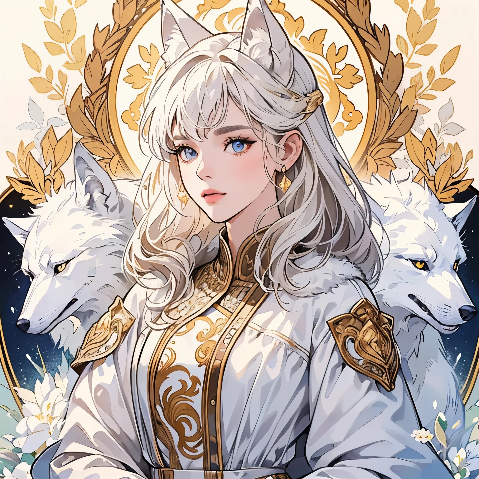 Best quality, 1 wolf, logo, background white only, emblem, 14k, intricate and detailed, frame, white, (((1 woman and wolf))), detailed fur, sparkling eyes, corporate logo, golden, panoramic, long shot, front, white flowers, Upper body, looking at viewer