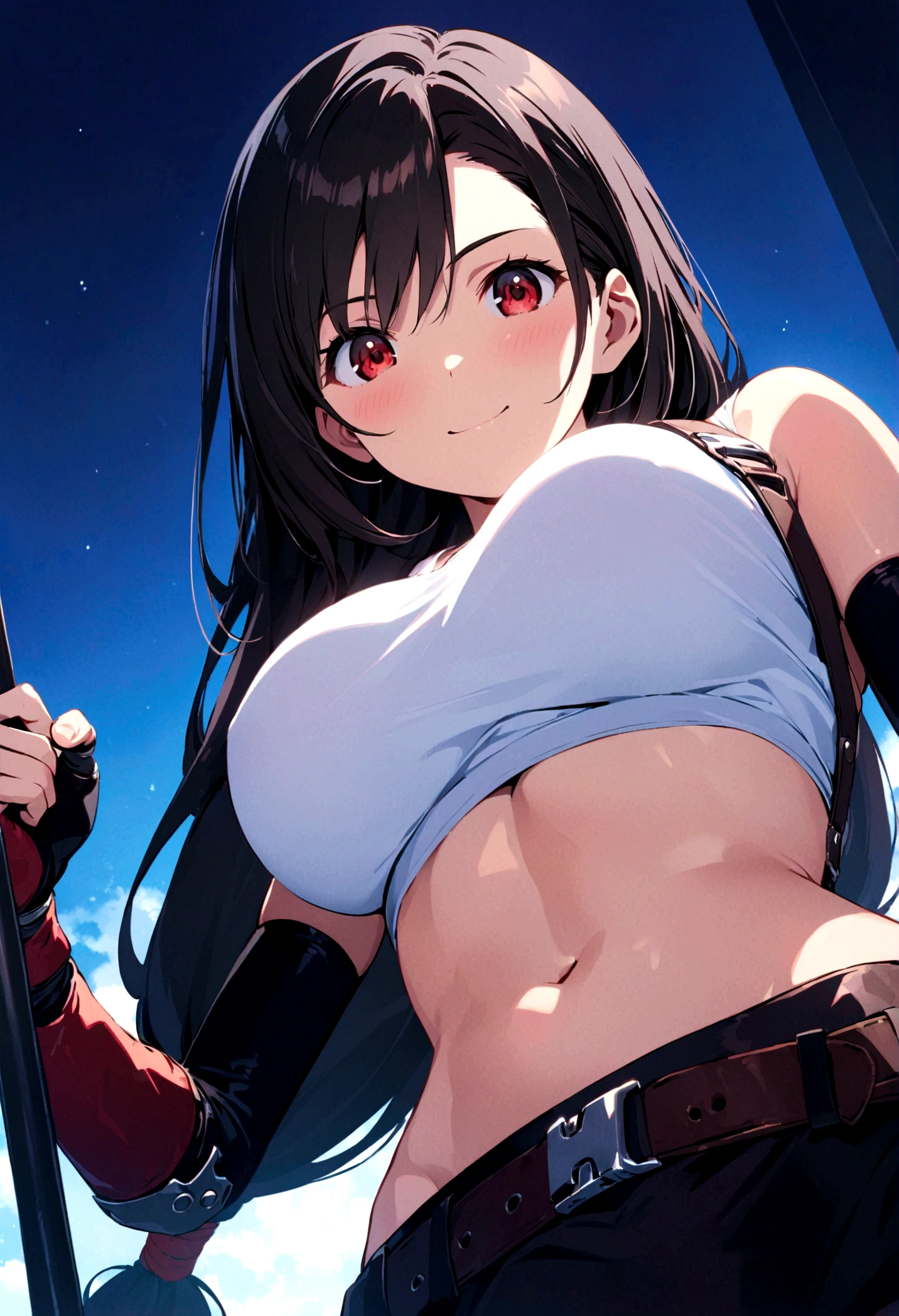 score_9, score_8_up, score_7_up,4k, ,BREAK , (from below,down angle),standing,straight-on,,(upperbody:1.5),looking_at_viewer ,1girl, tifa lockhart, final fantasy, tareme,black hair, low-tied long hair, red eyes, bangs, white tank top, belt, pleated skirt, thighhighs, elbow fingerless gloves, elbow pads, midriff, navel,suspender skirt, ,big_breasts,() ,,(light smile),shiny skin,(Curvy waist), ,Solo,,(daytime and beachside,), ,,,detailed skin,,((best quality)),,(aesthetic,very aesthetic),(beautifulbody),(UHD),anime,anime style, key visual,, highly detailed,sharp focus,depth of field,,professional lighting,cinematic lighting,shirtlift