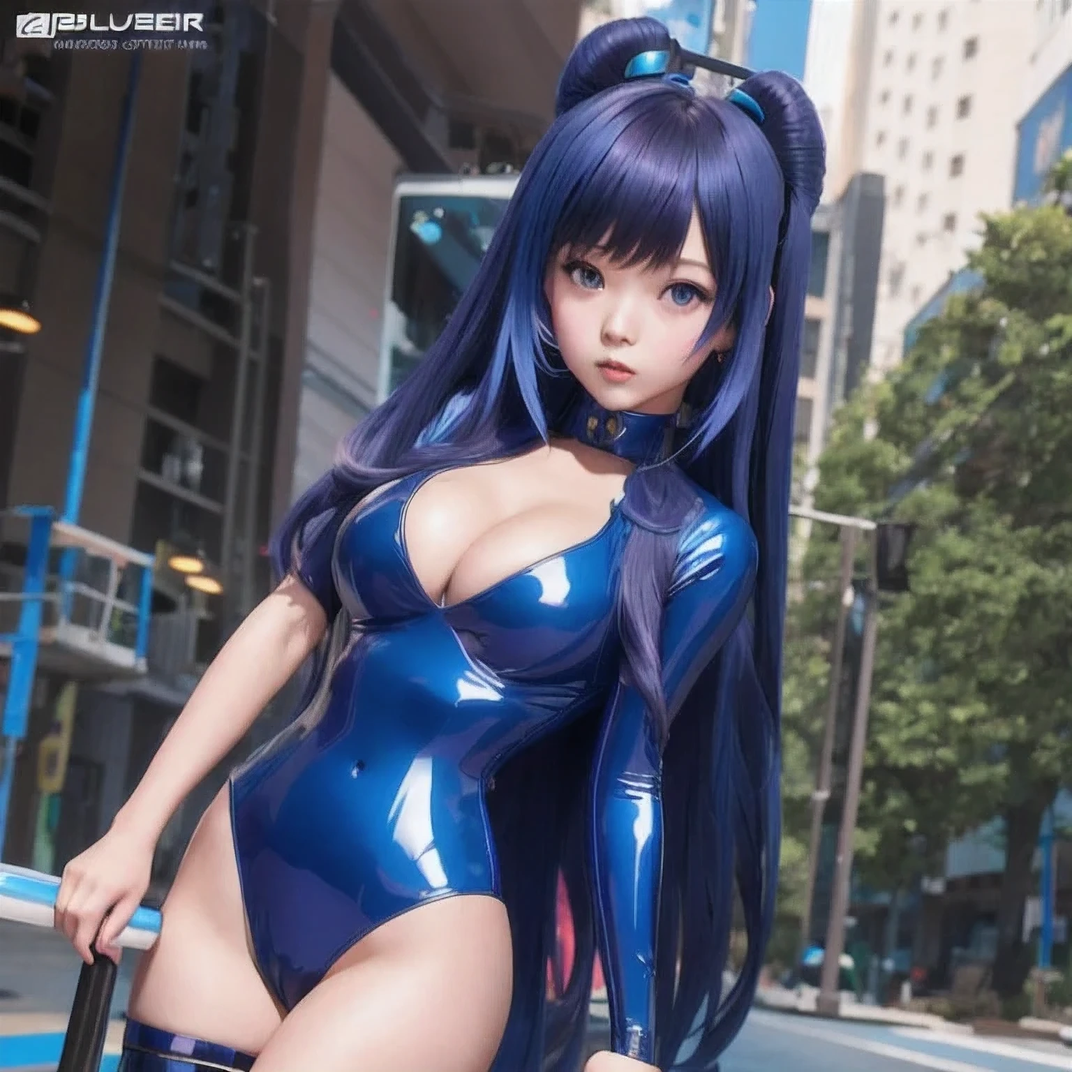girl in a bangs blue latex outfit posing for a picture, seductive anime girl, Image Quality,photo anime, oppo masterpiece, 3 d anime realistic, 4 K, artwork in the style of bangs bluecyberpunk, , trending on cgstation, hyper realistic anime