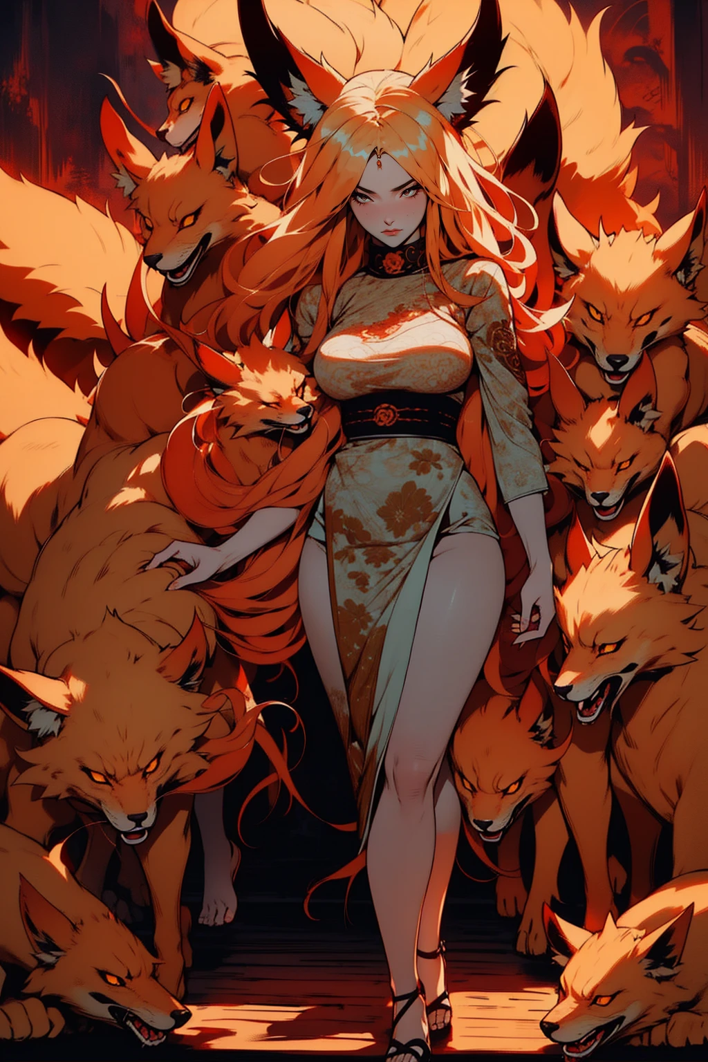 REALISTIC VISION 1.4, BETTER VAE,sharp focus, ultra detail, 32k,realistic photo, intricate details, kitsune, blond hair, (blond hair), orange eyes, intricate details ,woman, nine tails, intricate details,intricate details,big , Voluptuous body, intricate details, Miko, clothes long white dress with red details intricate details, tattoos intricate details, full body, with a orange nine tails fox , kiuubi (kurama, naruto), angry face, walking on the ground, on attack, backwards, looking back