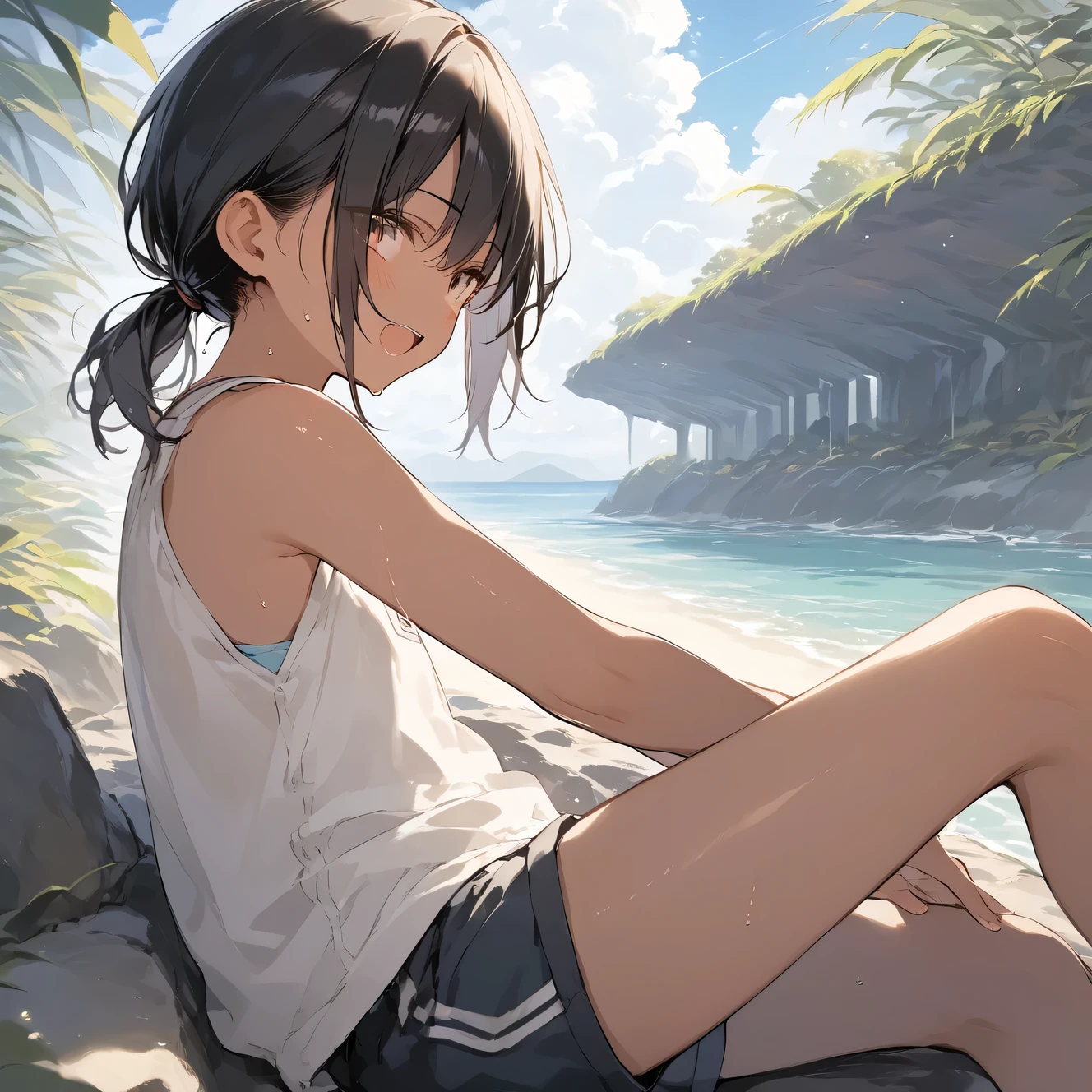 score_9, score_8_up, score_7_up, source_anime, best quality, masterpiece,official art, absurdres, highres, waifu2x,Collection: Slice of Life,break,1girl, tomboy, dark-skinned female, short hair, low ponytail, flat chest,  beautiful detailed eyes, short shorts, sweat, open mouth, (yawn:0.3),  sleepily, outdoors, break,(clear line illustration:1.2),very high resolution, very aesthetic, super detailed skin, Best sexual lighting powered by famous artist, 8k,cute picture,beauty illustration,photoshop_(medium),,(Detailed Lighting)

