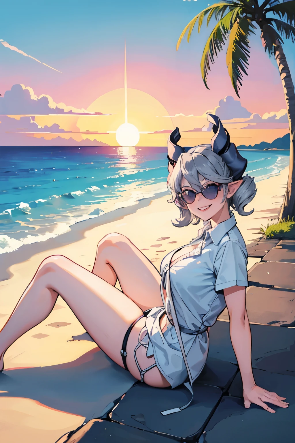 　High level image quality　best image quality　8K　 adult woman  beach   sunset view　palm trees   whole body view　portrait　black bikini   　horn    ears  　short hair（（shortcut）（gray hair）（perm）（fluffy））　eye color is blue , pink sunglasses　attractive evil face , smile   ,  sexy pose   ,  labrynth ,  barearm , on the ground  , wearing white palmtree shirt  , sitting , crossed leg style in detailed 