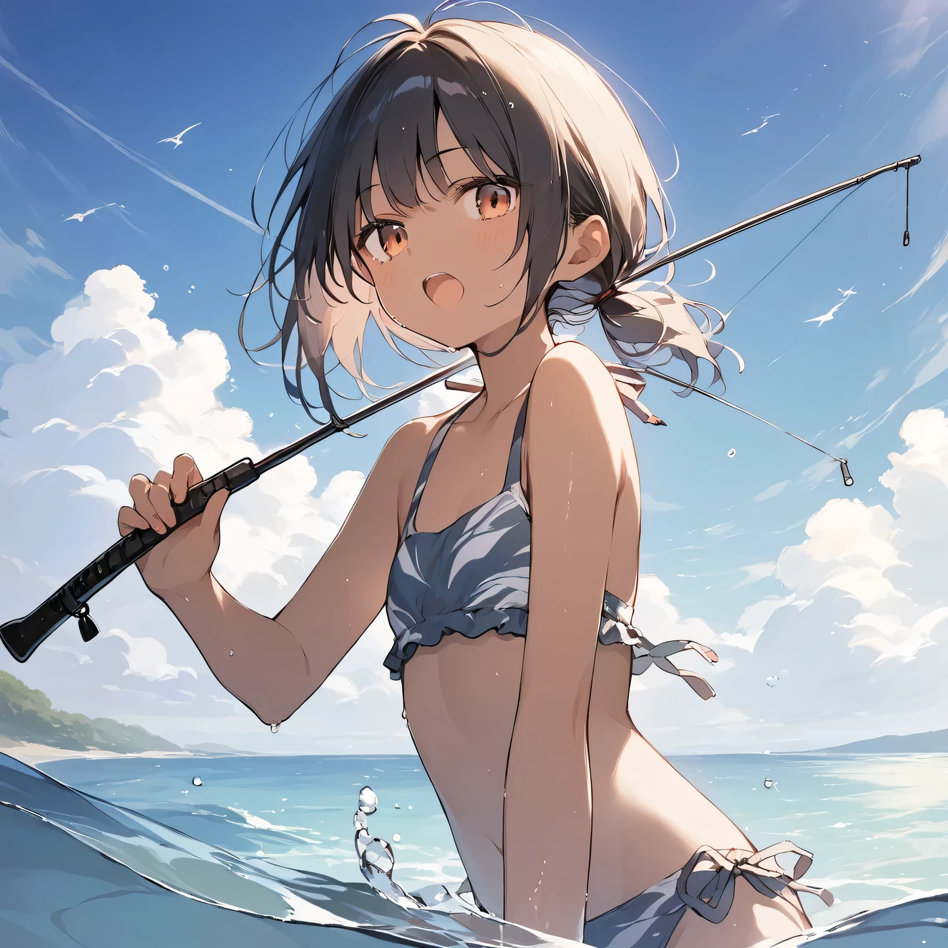 score_9, score_8_up, score_7_up, source_anime, best quality, masterpiece,official art, absurdres, highres, waifu2x,Collection: Slice of Life,break,1girl, tomboy, dark-skinned female, short hair, low ponytail, flat chest, beautiful detailed eyes, swimsuit, fishing, fishing rod, sweat, open mouth, (yawn:0.3), sleepily, outdoors, ocean, break,(clear line illustration:1.2),very high resolution, very aesthetic, super detailed skin, Best sexual lighting powered by famous artist, 8k,cute picture,beauty illustration,photoshop_(medium),,(Detailed Lighting)
