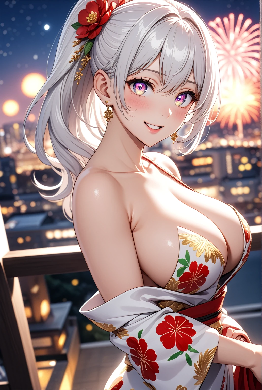 ((one personの女性)), Beautiful Face,Laughing embarrassedly,Laughing with your mouth open,(Bright red cheeks),Glossy pink lips,night,The rooftop of a hotel with a sea view,firework,((Anime style background)),masterpiece, highest quality, so beautiful, Latest, Complex details, (Pink long nails),(ring),AI-generated, Complex,High resolution, highest quality, super high quality,3D Images、View your viewers、3D Images,one person,Long white hair,High Ponytail,blue eyes,Anime woman posing for a photo, ((Fine grain、Silvery white colorful eyes、Shining Eyes:1.3)),(Squint your eyes:1.1),a hyperRealistic , hyperRealistic , Realistic,Anime woman with long and white hair, Smooth anime CG art, A woman in a colorful kimono with gold embroidery, (White kimono),Red floral pattern,Long flower hair ornament,Big earrings,Mature Body,(Big Breasts:1.1),Tall,Big Ass,Fine details,Narrow waist,Abdominal muscles,Shooting from an angle,(Face close-up:1.5),Looking into the camera