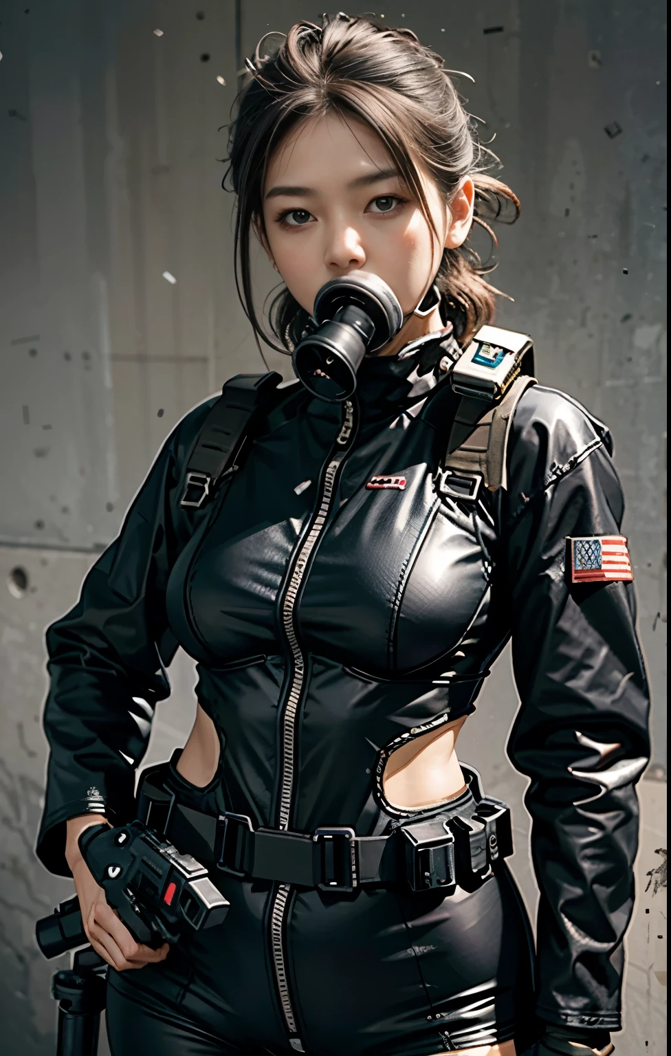 Highest image quality, outstanding details, ultra-high resolution, (realism: 1.4), ((close up:0.75)), highly condensed 1 lady, with beautiful and a delicate face, perfect proportion, aiming the viewer, ((aiming the viewer)), (chubby:0.3, small breasts), (cloths color base ratio black:0.4 white:0.5 other-color:0.1), (wearing rash-guard likes police uniform, black and gray mecha, wearing high-tech heavy gasmask, military harness, holding a machinegun, carrying hich-tech-flamethrower -tank on back), captain, background simple gray wall, peeing self