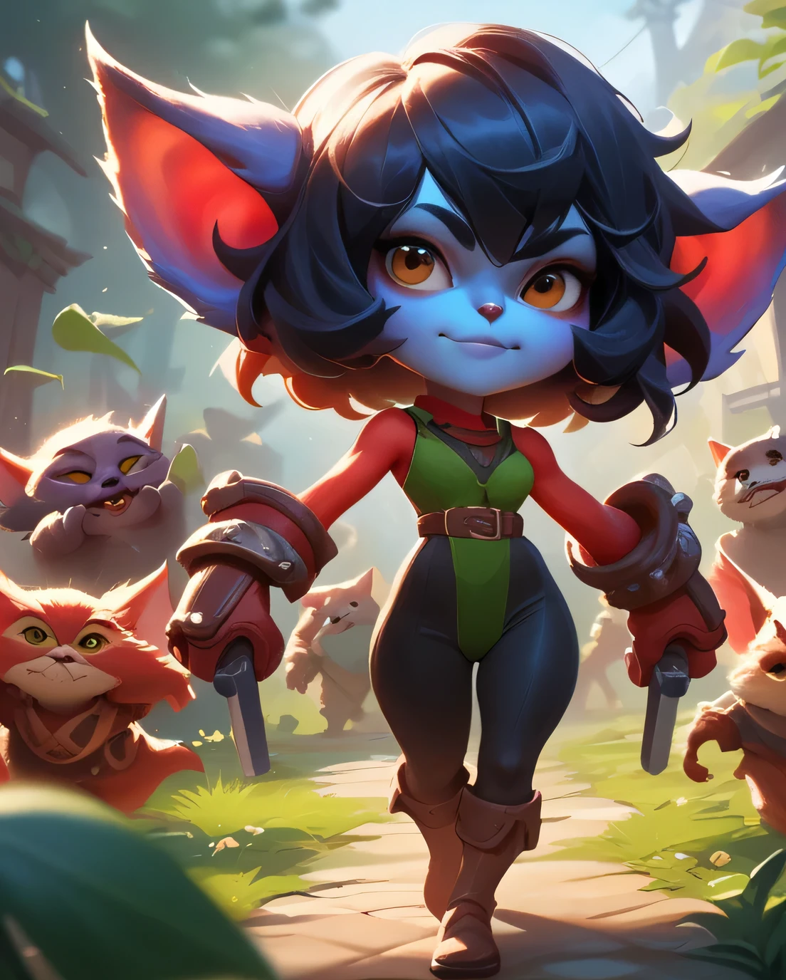 score_9, score_8_up, score_7_up, score_6_up, score_5_up, score_4_up, red yordle female, a dubious little creature getting up to mischief,cute,pretty,attrative,seminua,***rdles,slender,thin,black short hair,assassin outfit,red body