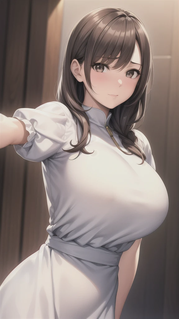 Simple White Background,
dynamic pose,standing at attention,
puffy sleeves,short sleeves, WHITE SHIRT, YELLOW apron,
Black_hair,Brown_eyes,single_braid,Bangs,
1 girl, 20yo,Young female,Beautiful long legs,Beautiful body,
Beautiful Nose,Beautiful character design, perfect eyes, perfect face,expressive eyes,perfect balance,
looking at viewer,(Focus on her face),closed mouth, (innocent_big_eyes:1.0),(Light_Smile:0.3),
official art,extremely detailed CG unity 8k wallpaper, perfect lighting,Colorful, Bright_Front_face_Lighting,White skin,
(masterpiece:1.0),(best_quality:1.0), ultra high res,4K,ultra-detailed,
photography, 8K, HDR, highres, absurdres:1.2, Kodak portra 400, film grain, blurry background, bokeh:1.2, lens flare, (vibrant_color:1.2),professional photograph,
(Beautiful,large_Breasts:1.4), (beautiful_face:1.5),(narrow_waist),