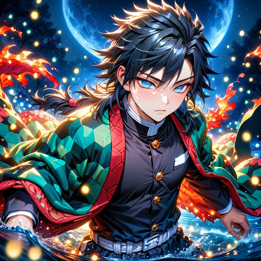 absurdres, highres, ultra detailed, HDR, master piece, best quality, Tomioka Giyu, untamed black hair, expressive blue eyes, kimetsu no yaiba, solo, sexy man, handsome, haori, demon slayer uniform, magical, fantasy, water, blue moon, starry, blue fireflies, blue flowers