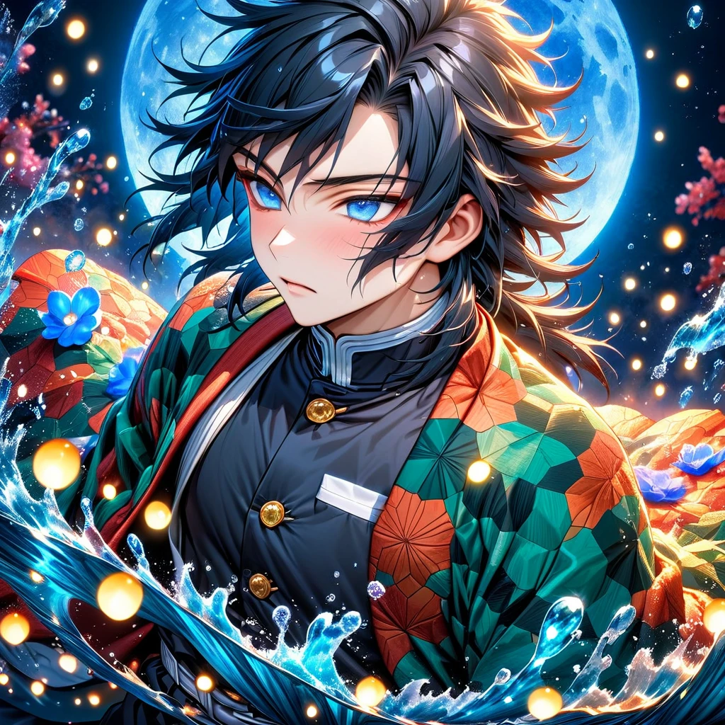 absurdres, highres, ultra detailed, HDR, master piece, best quality, Tomioka Giyu, untamed black hair, expressive blue eyes, kimetsu no yaiba, solo, sexy man, handsome, haori, demon slayer uniform, magical, fantasy, water, blue moon, starry, blue fireflies, blue flowers