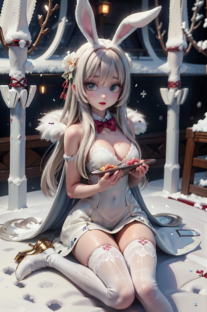 1girl, long hair and bunny ears sitting on a bed, angelawhite, white stockings, ultrarealistic sweet bunny girl, very very kawaii, japanese goddess, the bunny has fur, smooth skin, with bunny ears, sitting on snow, perfect white haired girl, she is on snow,outside