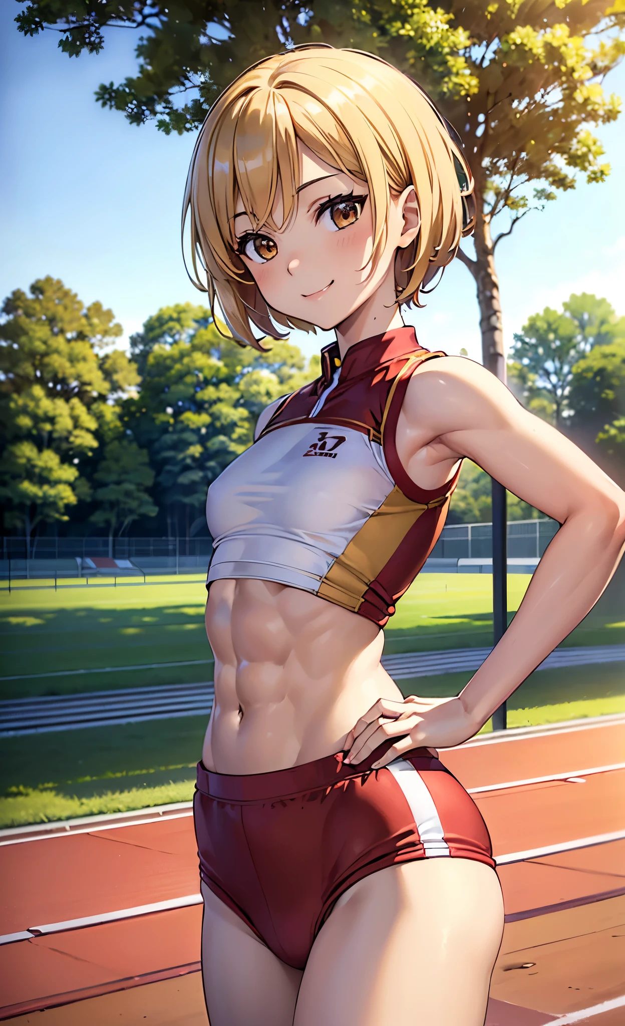 masterpiece, best quality, ultra detailed, ultra high resolution, very detailed face, anime, front angle, ((solo)), (((girl, golden short hair))), (((crimson track uniform, sleeveless))), medium breast, slender body, (six pack abs:1.20), (((little smile))), ((expose the abdomen)), hands on the hip, standing on the track field