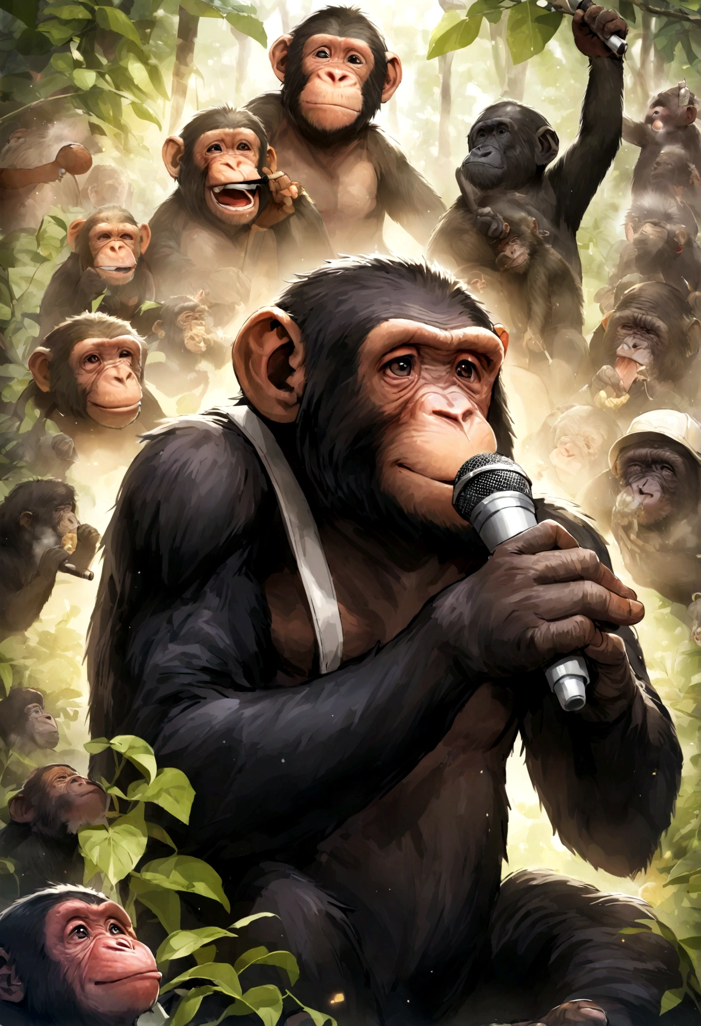 chimpanzee, fumando cigarro, singing with microphone in hands, animal, macaco, singing chimpanzee